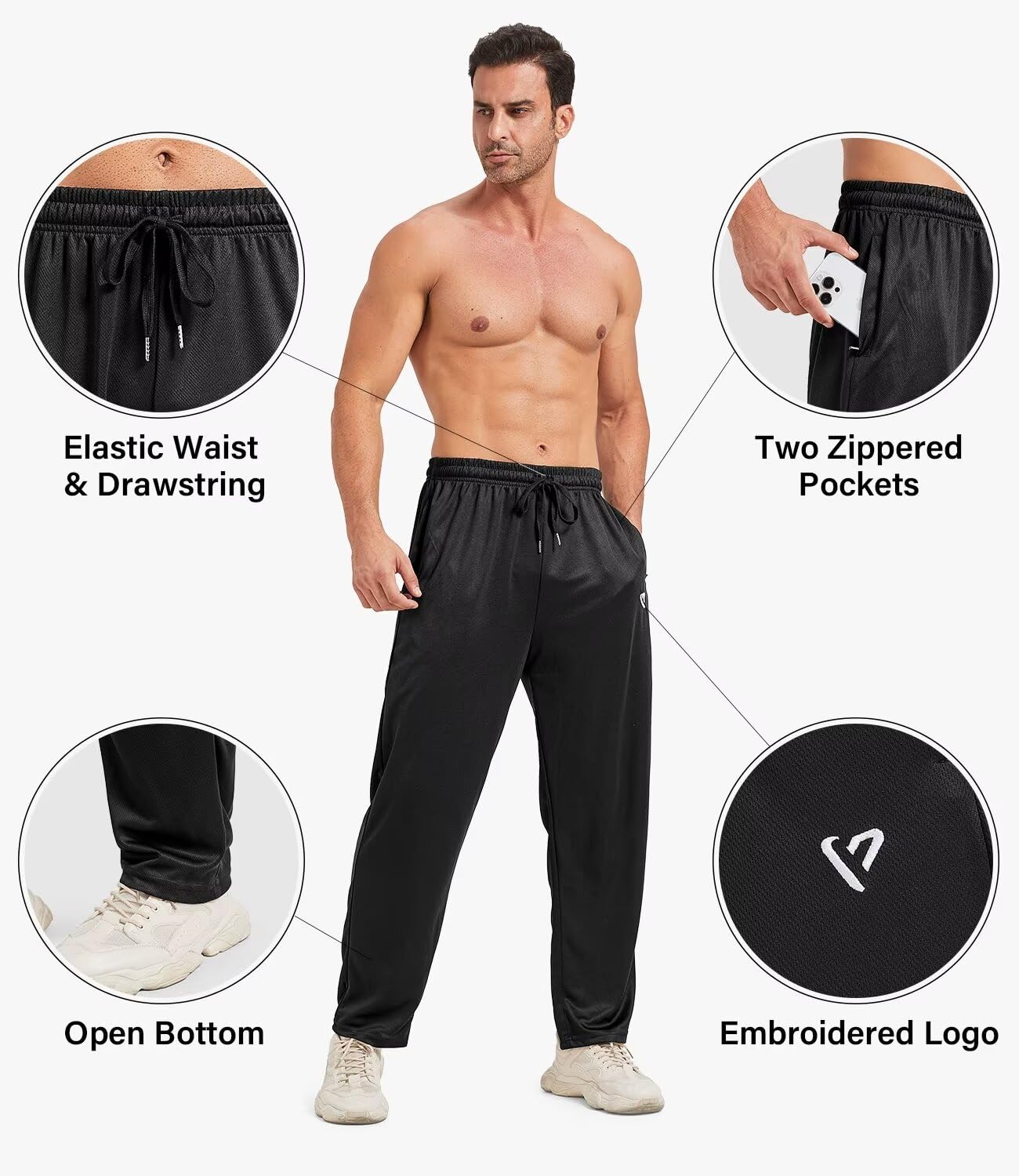 5 Pack Men's Sweatpants with Zip Pockets - Loose Fit Open Bottom Joggers, Breathable Mesh Athletic Pants for Running, Gym, Workout & Casual Wear | Comfortable Lounge Pants for Home, Travel & Outdoor Activities