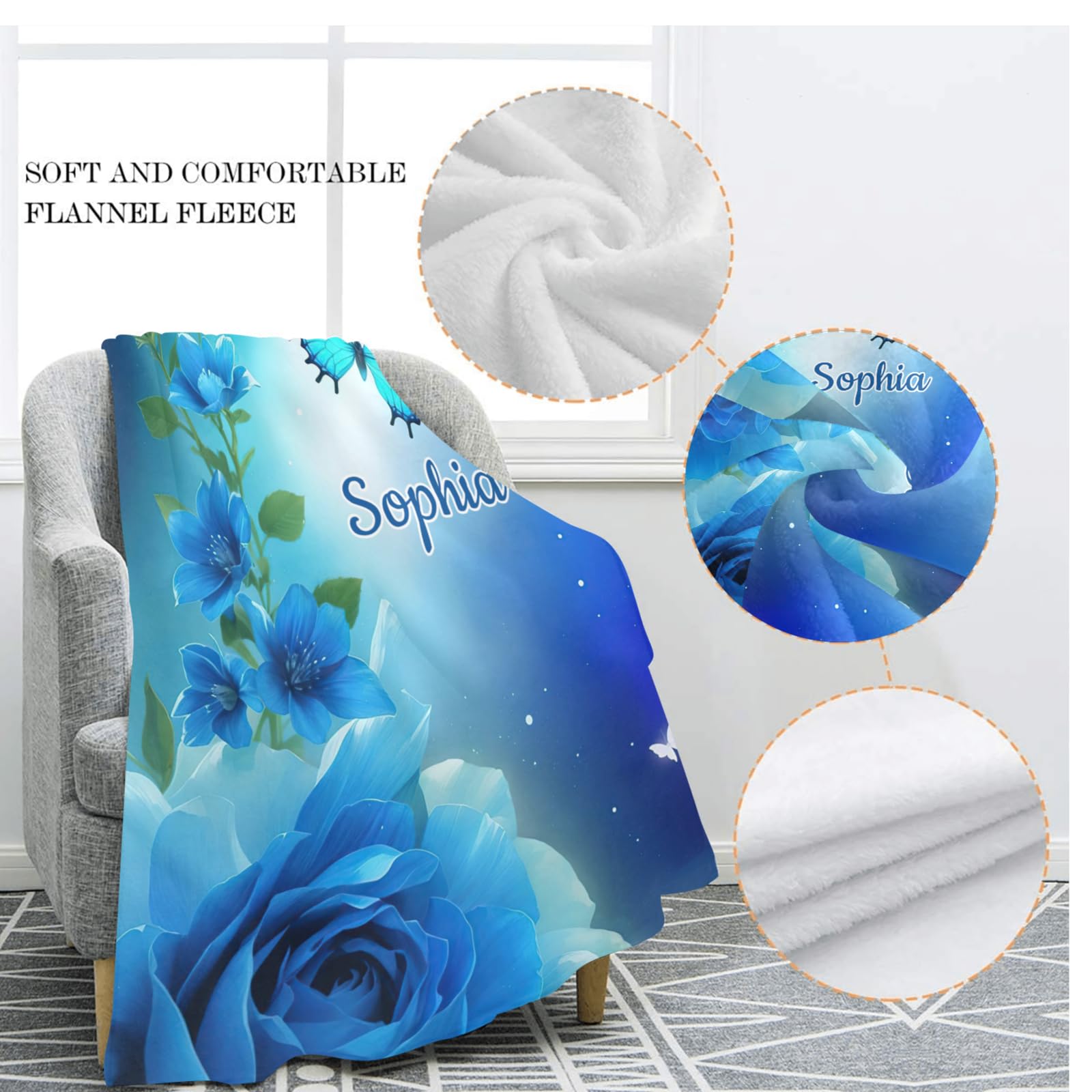 Personalized Name Blue Butterfly Fleece Blanket - Soft 50x60 Inch Throw for Sofa, Couch & Bed - Perfect Birthday & Wedding Gift - Cozy Home Decor for Living Room, Nursery & Guest Room