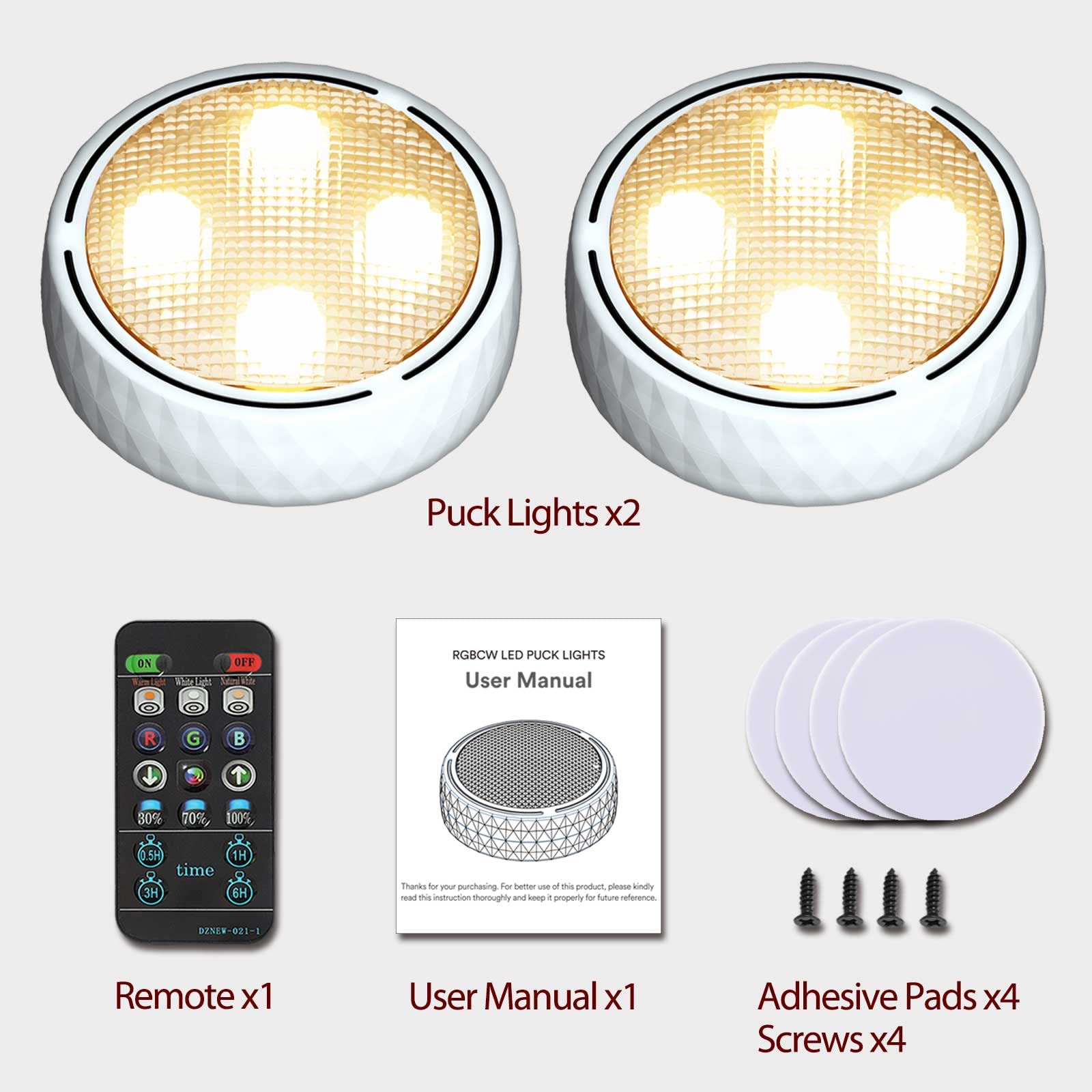 Onumii Wireless LED Puck Lights with Remote - Battery Operated Under Cabinet Lighting, Color Changing Timer Tap Lights for Kitchen, Closet, Shelf & Display Case (2 Pack, White) - Perfect for Home, Office & Commercial Spaces