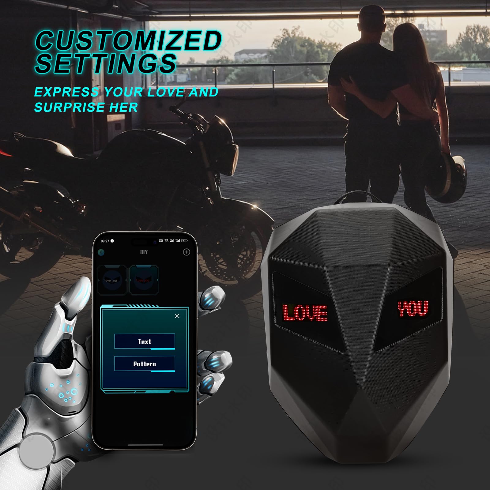 19-Inch Waterproof LED Motorcycle Backpack with Hard Shell & Custom Screen - Laptop Bag, Helmet Storage for Cycling, Camping & Outdoor Adventures