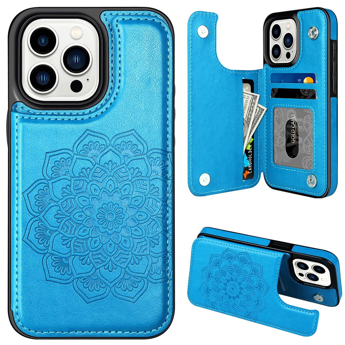 MMHUO Magnetic Wallet Case for iPhone 15 Pro with Card Holder & Flower Design - Slim Flip Cover with Strong Magnets for Secure Card Storage | Perfect Protective Case for Women's Everyday Use, Commuting & Travel (Blue)