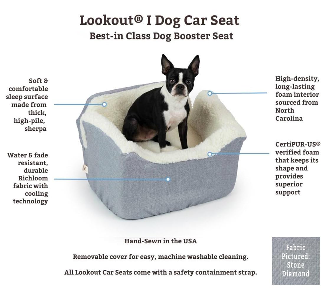 Snoozer Lookout I Dog Car Seat for Small & Medium Dogs up to 25 Lbs - Washable Sherpa Lined Pet Booster Bed with Elevated Design for Safe Travel - Medium Size in Stone Diamond | Perfect for Road Trips & Daily Car Rides with Your Puppy