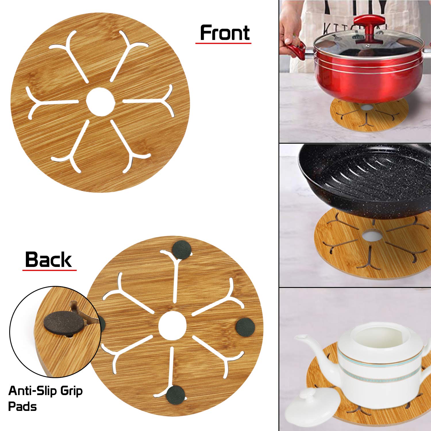 HOKIPO® 2-Pack Eco-Friendly Bamboo Wooden Coasters - Heat Resistant Drink Coasters for Dining Table, Kitchen Counter, Office Desk - Natural Wood Pot Holder & Hot Pad for Home Decor & Protection