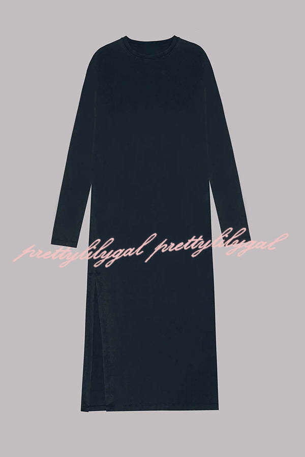 Bedisse Cotton Blend Long Sleeve Relaxed Slit Midi Dress - Comfortable Casual & Work Wear for Women | Perfect for Office, Date Night & Weekend Outings