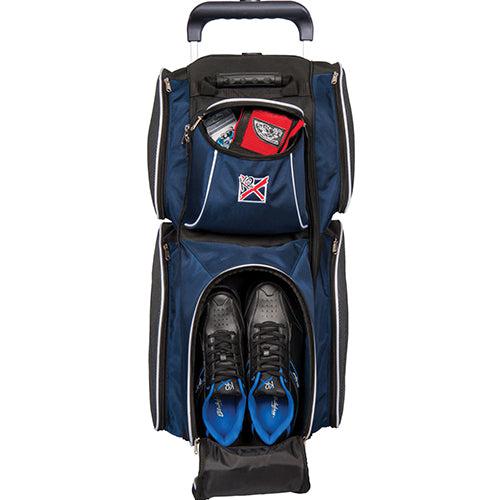 KR Strikeforce Apex Triple Roller Navy Bowling Bag for Men & Women - Heavy Duty 3 Ball Rolling Tote with Shoe Compartment - Perfect for League Play, Tournaments & Practice Sessions