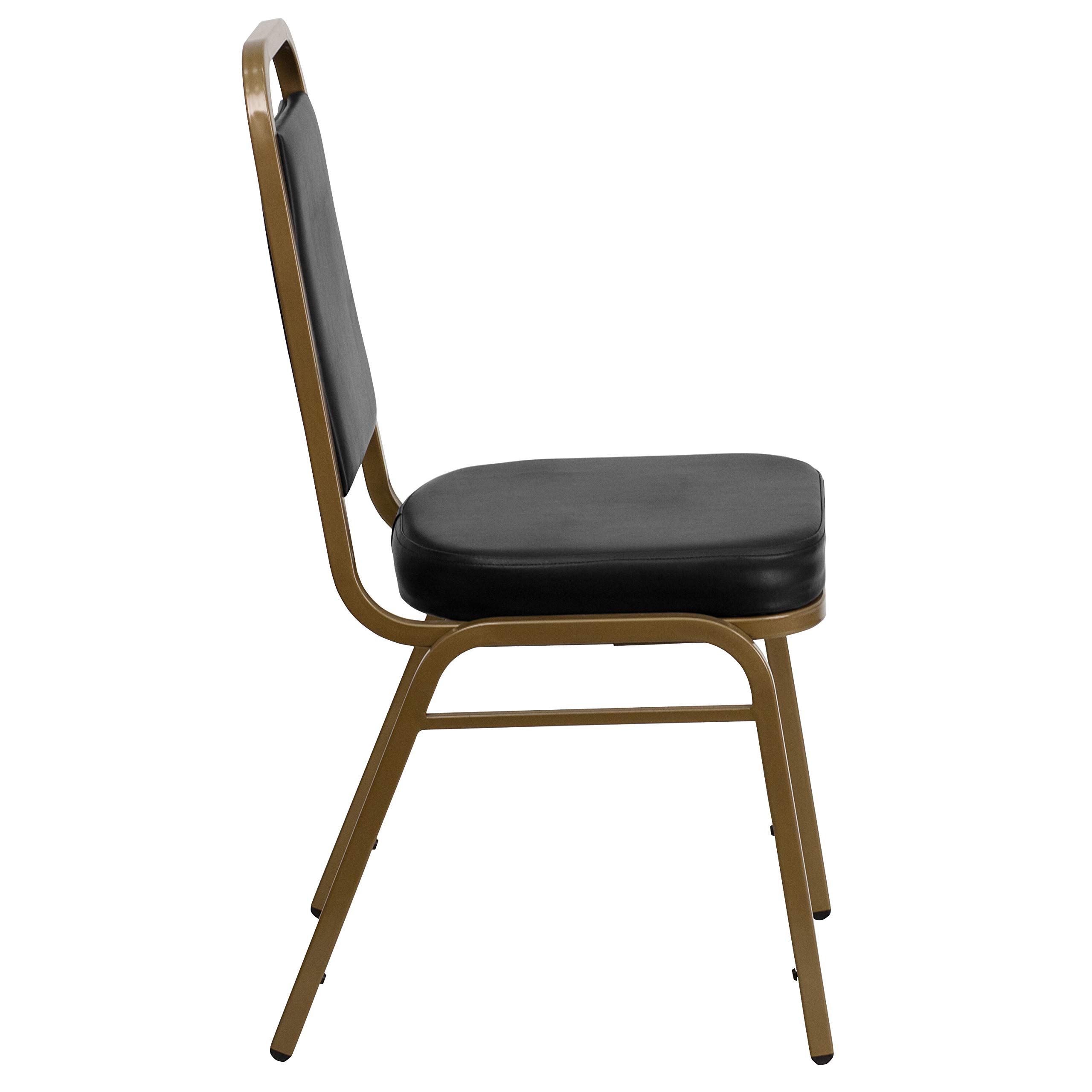 4 Pack Black Vinyl Trapezoidal Stacking Banquet Chairs with Gold Frame - Perfect for Weddings, Events, and Conference Room Seating