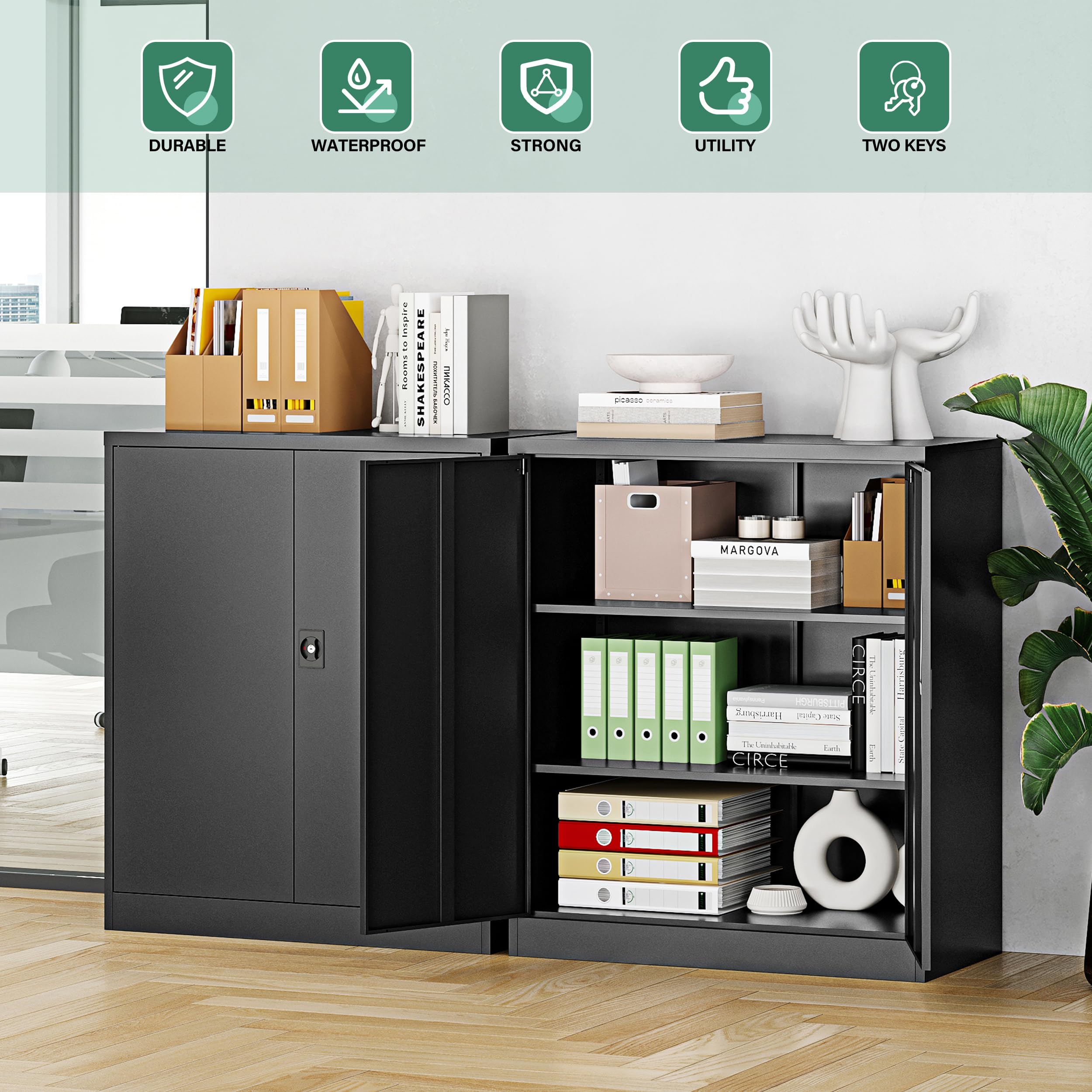 Letaya Black Metal Storage Cabinet with Locking Door & 2 Adjustable Shelves - Heavy Duty Steel Organizer for Home Office, Warehouse, Garage & Employee Lockers - Perfect for Secure Document Storage, Tool Organization & Closet Space Saving