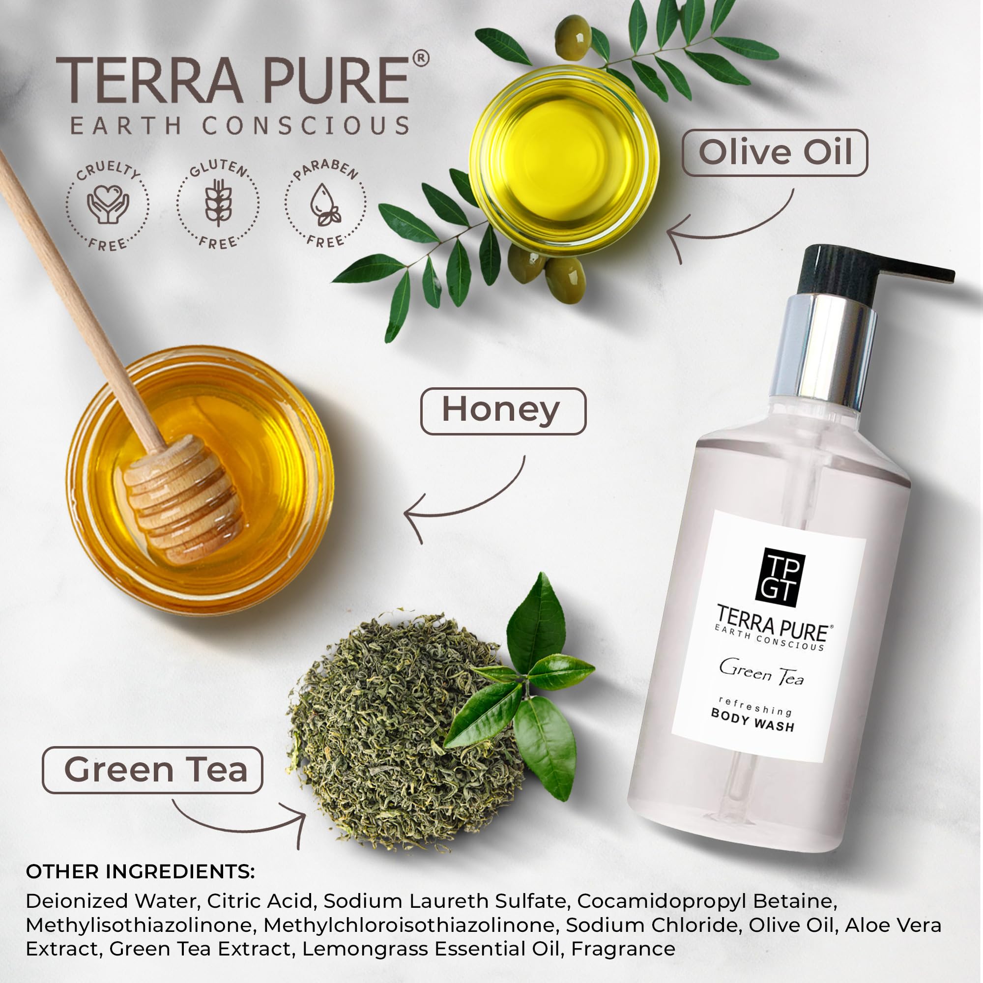 Terra Pure Green Tea Body Wash with Organic Honey & Aloe Vera - 10.14 oz (24-Pack) | Hydrating & Soothing Shower Gel for Sensitive Skin | Perfect for Daily Use, Spa Days & Gift Sets