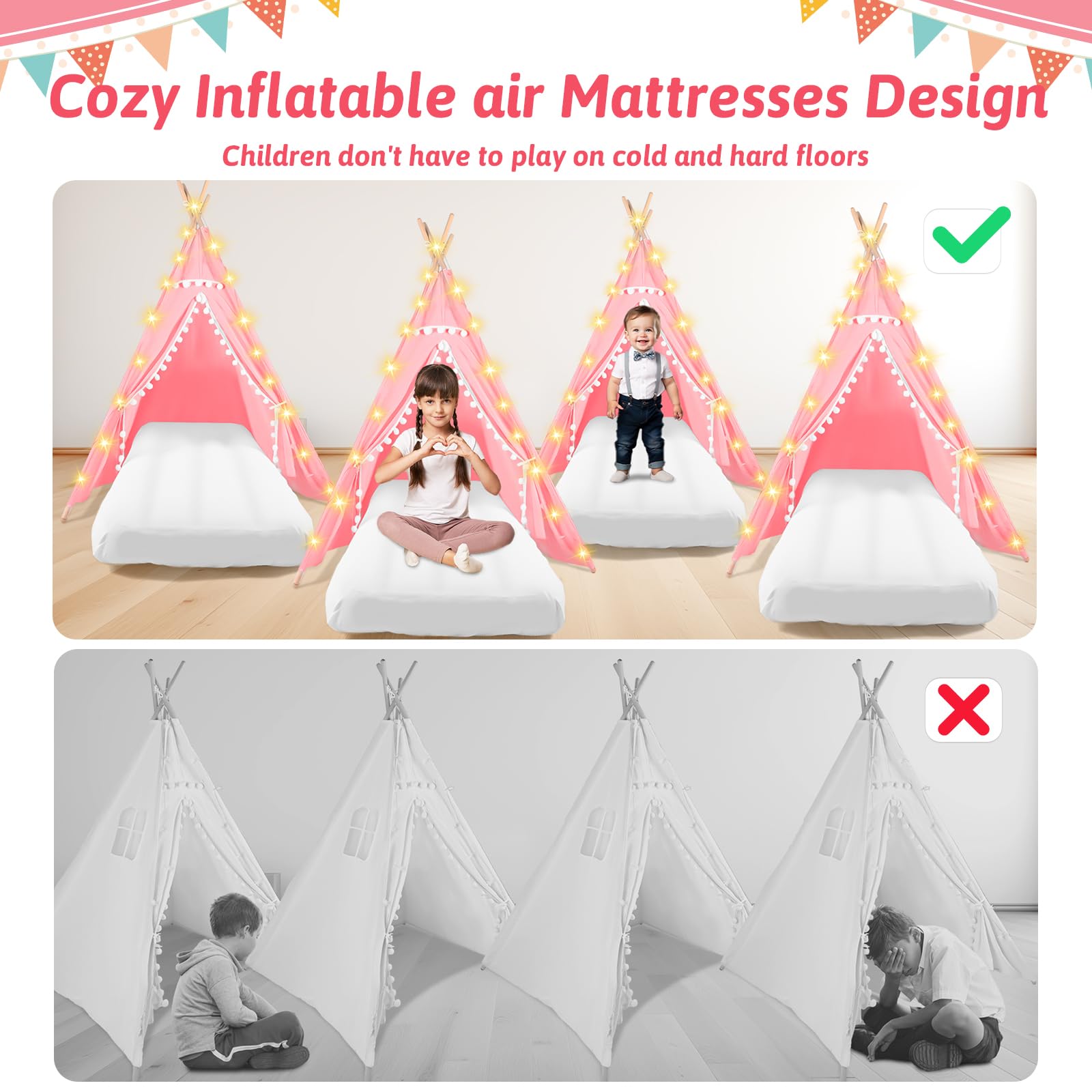 4-Pack Kids Teepee Tents with Inflatable Air Mattress & Fairy Lights - Washable Cotton Play Tent for Boys and Girls Sleepovers, Birthday Parties & Indoor Camping (Pink) - Perfect for Slumber Parties, Playrooms & Backyard Adventures