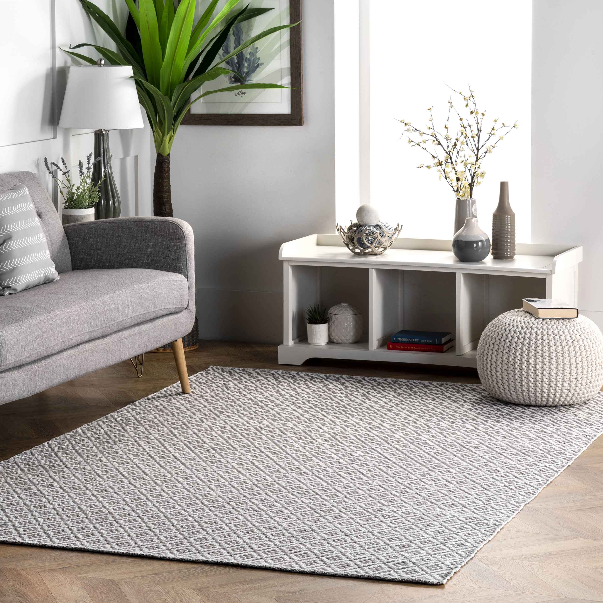 Premium Diamond Cotton Trellis Flatwoven Area Rug - Soft & Durable Grey Indoor Rug for Living Room, Bedroom, or Office Decor