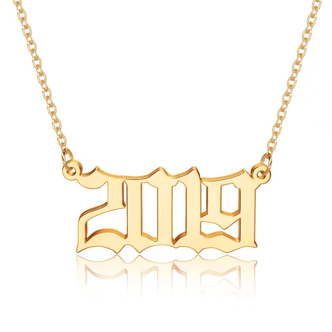 18K Gold Plated Old English Birth Year Necklace for Women - Personalized 1970-2021 Number Pendant Jewelry Gift for Birthday, Anniversary & Special Occasions | Elegant Layering Necklace for Everyday Wear or Date Night