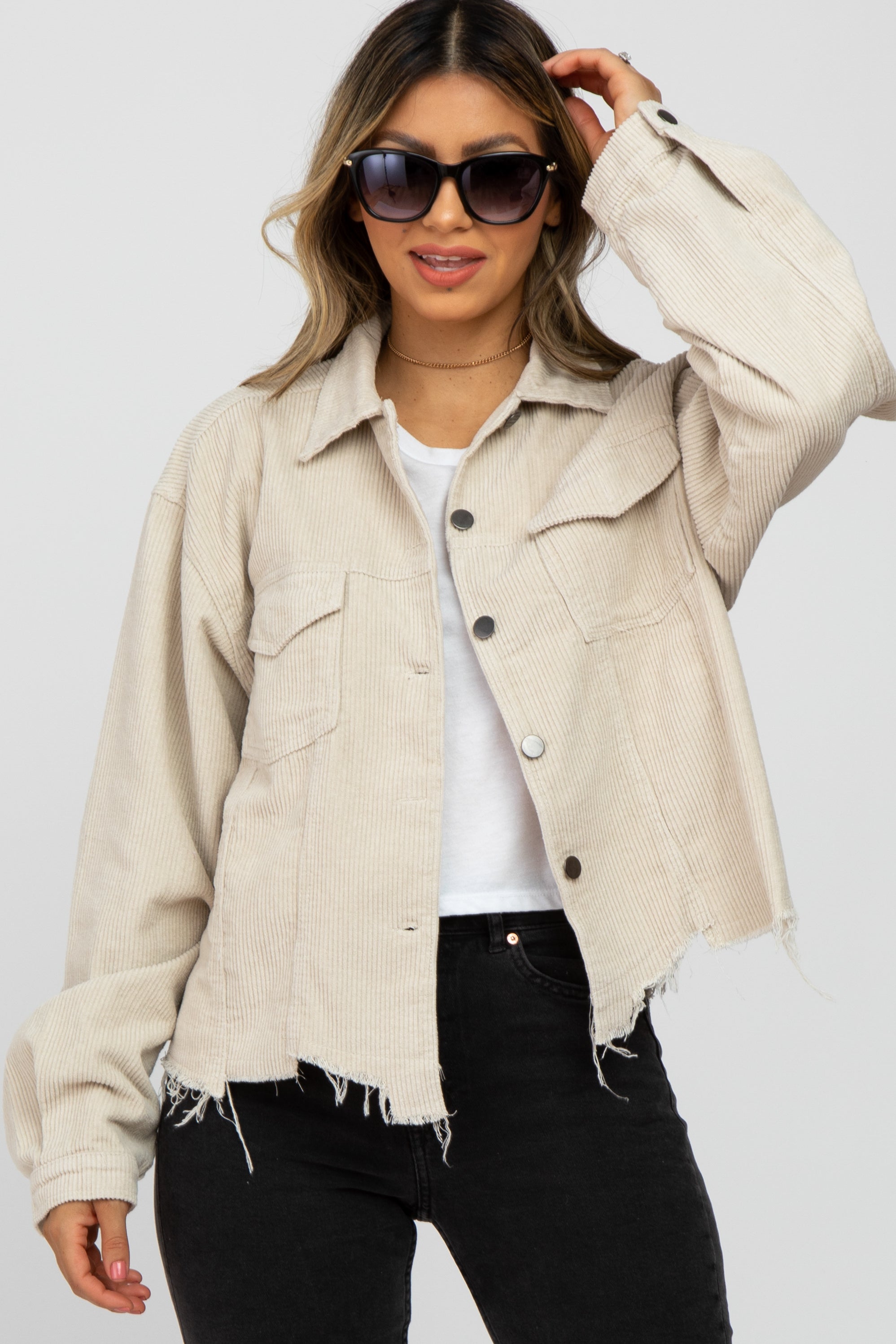 Beige Corduroy Distressed Hem Cropped Maternity Jacket - Stylish Pregnancy Outerwear for Casual Outings & Fall Fashion