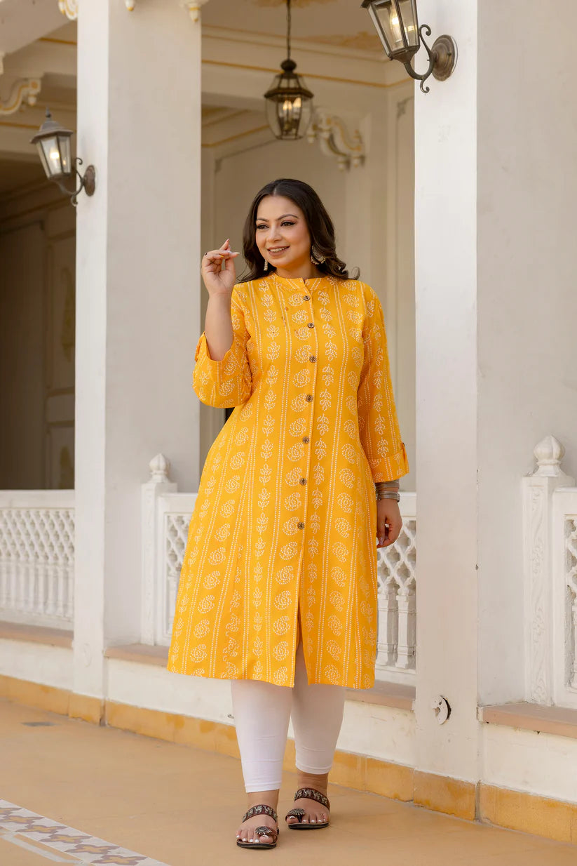 Plus Size Yellow Princess Cut A-Line Kurti for Women | Flowy Ethnic Tunic Top | Casual & Party Wear | Perfect for Festivals, Weddings & Daily Outfits