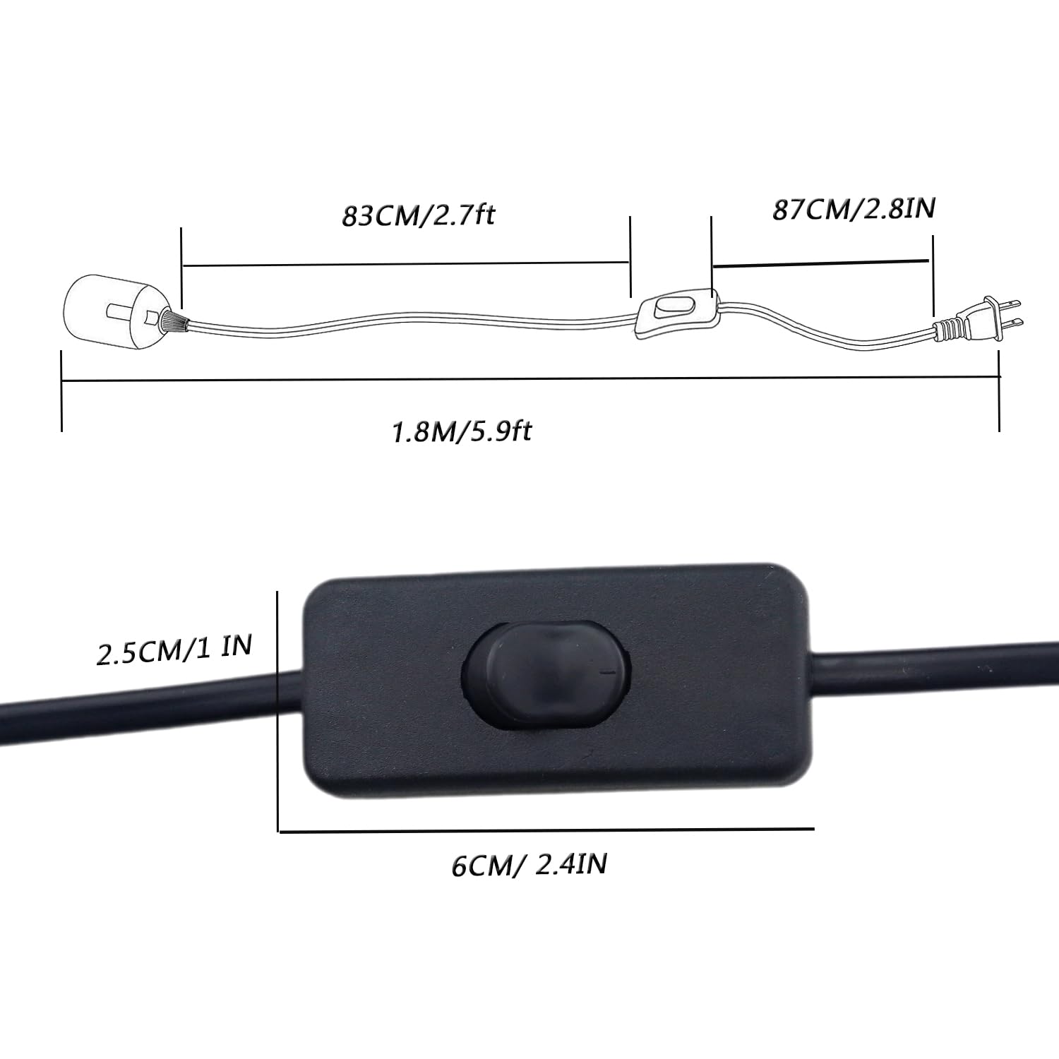 2 Pack E26 E27 LED Pendant Light Sockets with 5.9FT Extension Cord, On/Off Switch & US Plug - Dimmable Hanging Bulb Holder for Kitchen Island, Bar Counter, Dining Room Lighting (Black)