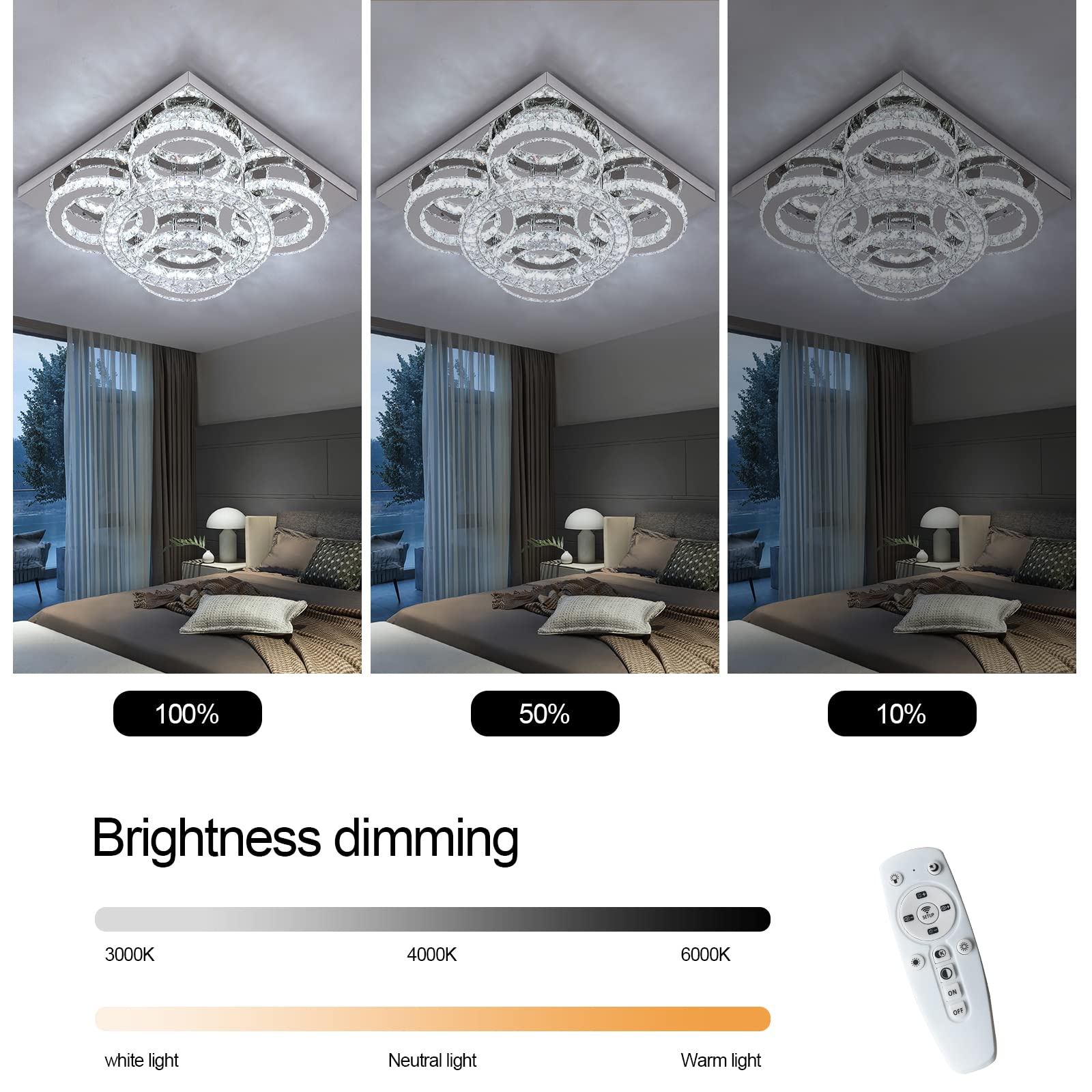 GreeLustr Modern Crystal Ceiling Light Fixture - 5 Ring Dimmable LED Chandelier with Remote Control, Flush Mount Lighting for Bedroom, Living Room & Dining Room | Energy Efficient Home Decor Lighting Solution