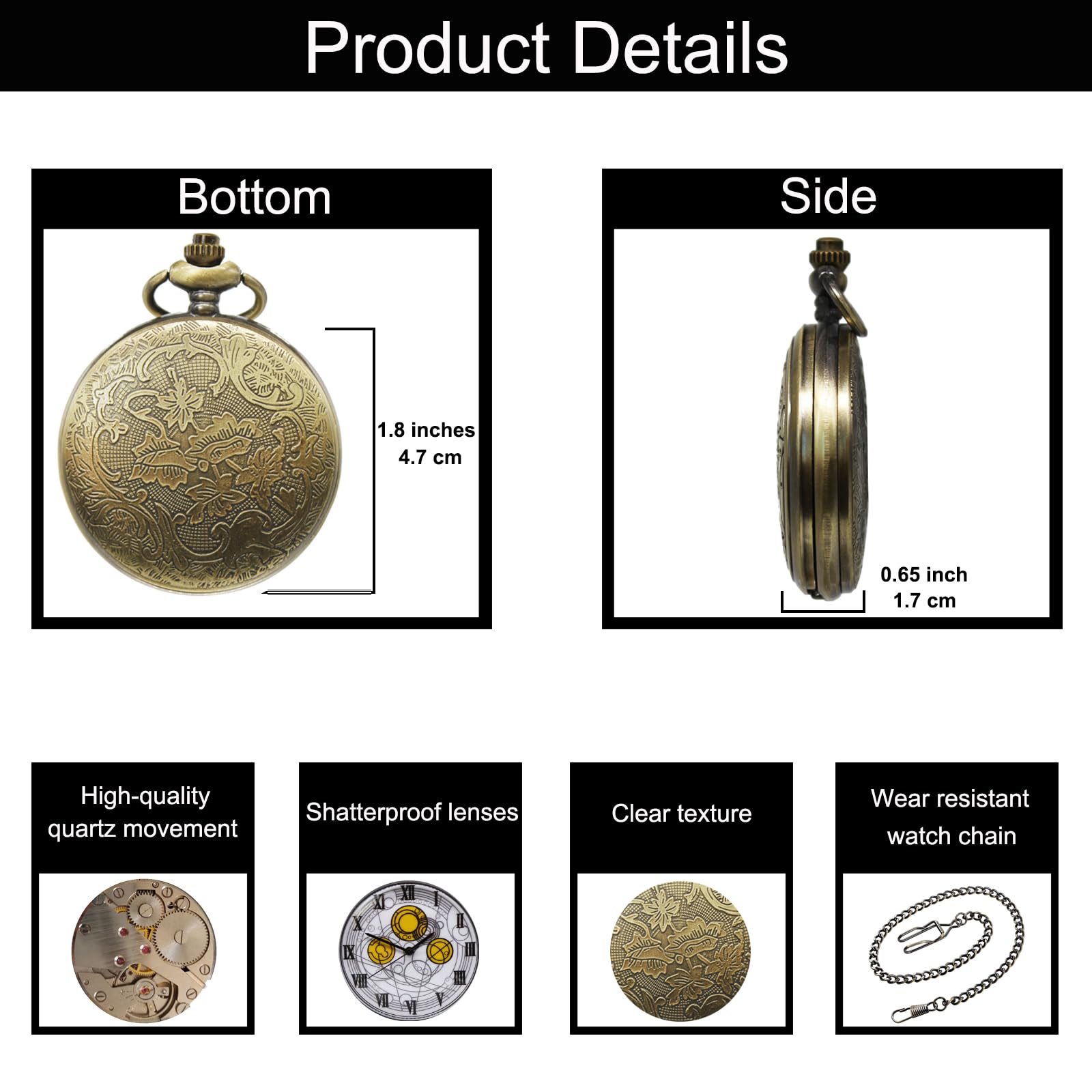 Vintage Quartz Pocket Watch with Chain - Classic Gift for Men & Women | Father's Day, Anniversary