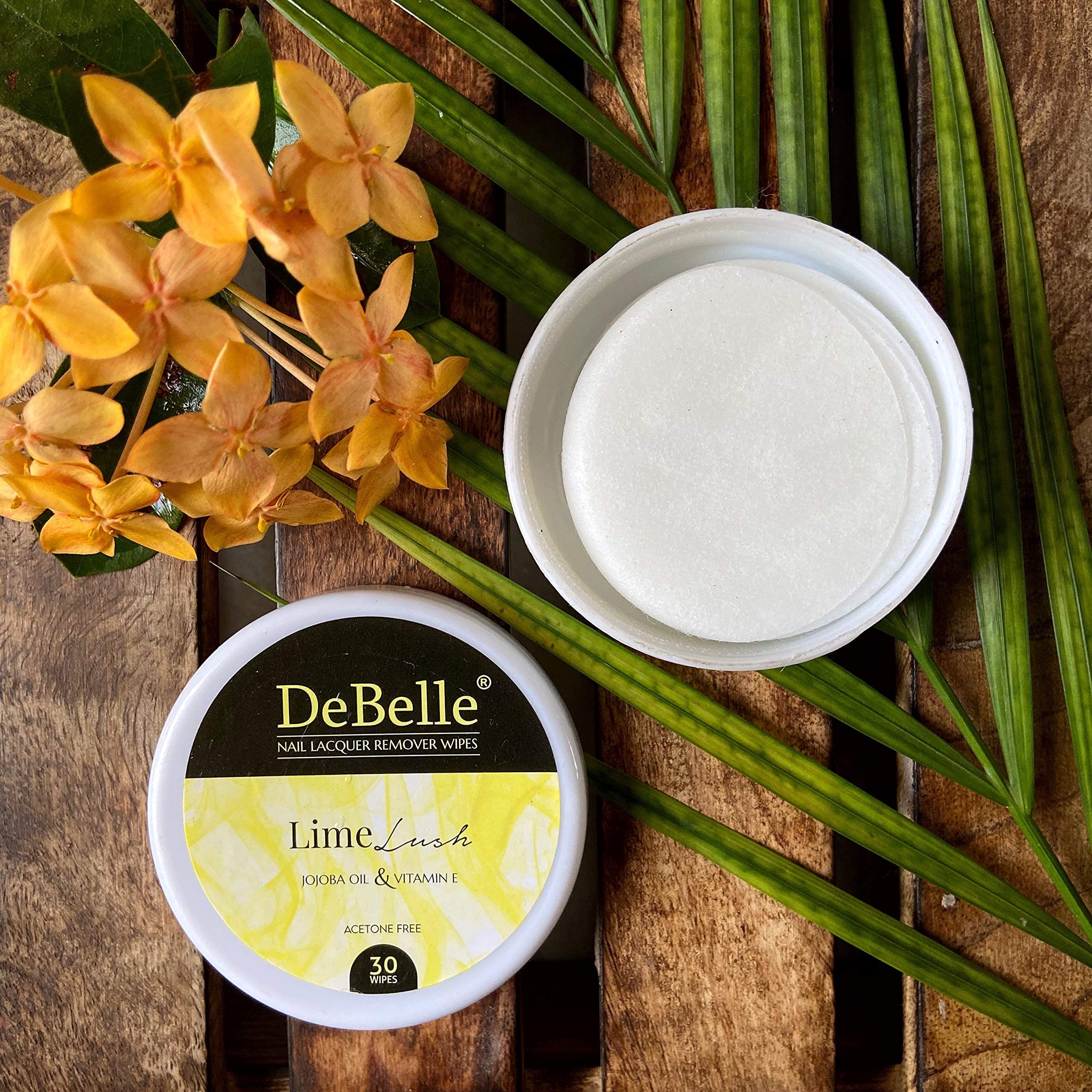 DeBelle Acetone-Free Nail Polish Remover Wipes with Jojoba Oil, Olive Oil & Vitamin E - Lime Lush (30 Pads) | Gentle Nail Care for Home, Travel & Salon Use