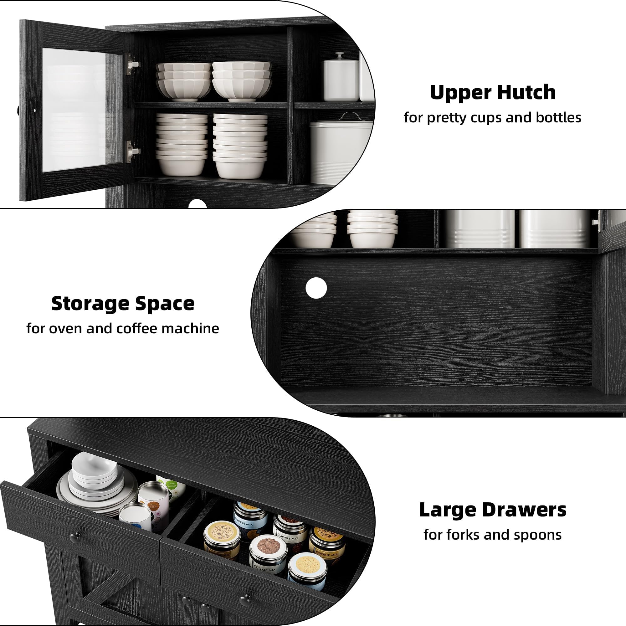 Freestanding Kitchen Pantry Cabinet with Microwave Stand & Adjustable Shelves - Buffet Hutch Cupboard for Dining Room & Kitchen Storage - Black (Ideal for Small Spaces & Apartment Living)