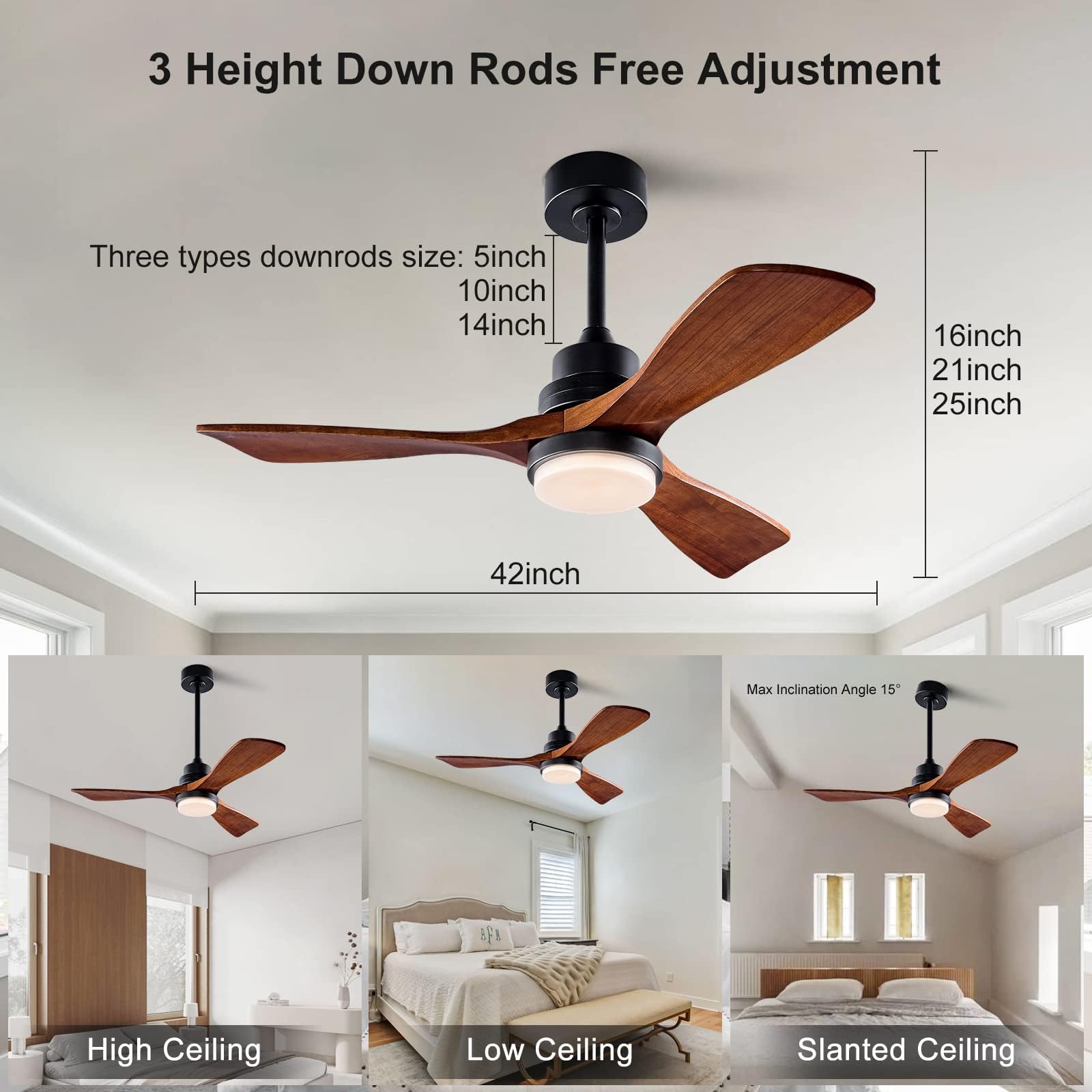42 Inch Modern Ceiling Fan with Light and Remote Control - Dimmable LED Light, 3 Wood Blades, 6-Speed Quiet DC Motor - Indoor/Outdoor Use for Bedroom, Kitchen, Office, Patio, Living Room - Energy Efficient Cooling Solution for Home and Commercial Spaces