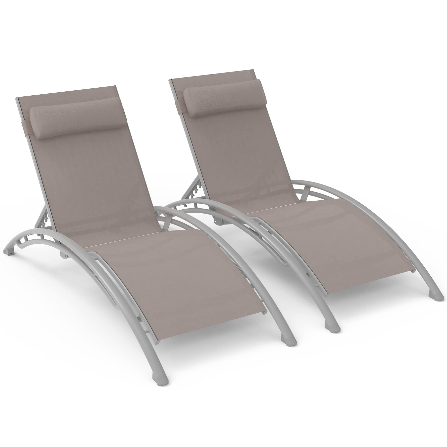 Domi Outdoor Chaise Lounge Set of 2 - Adjustable Patio Recliner Chairs with Removable Pillow for Pool, Beach, Garden & Backyard - Comfortable Sunbathing & Relaxation Furniture (Khaki)