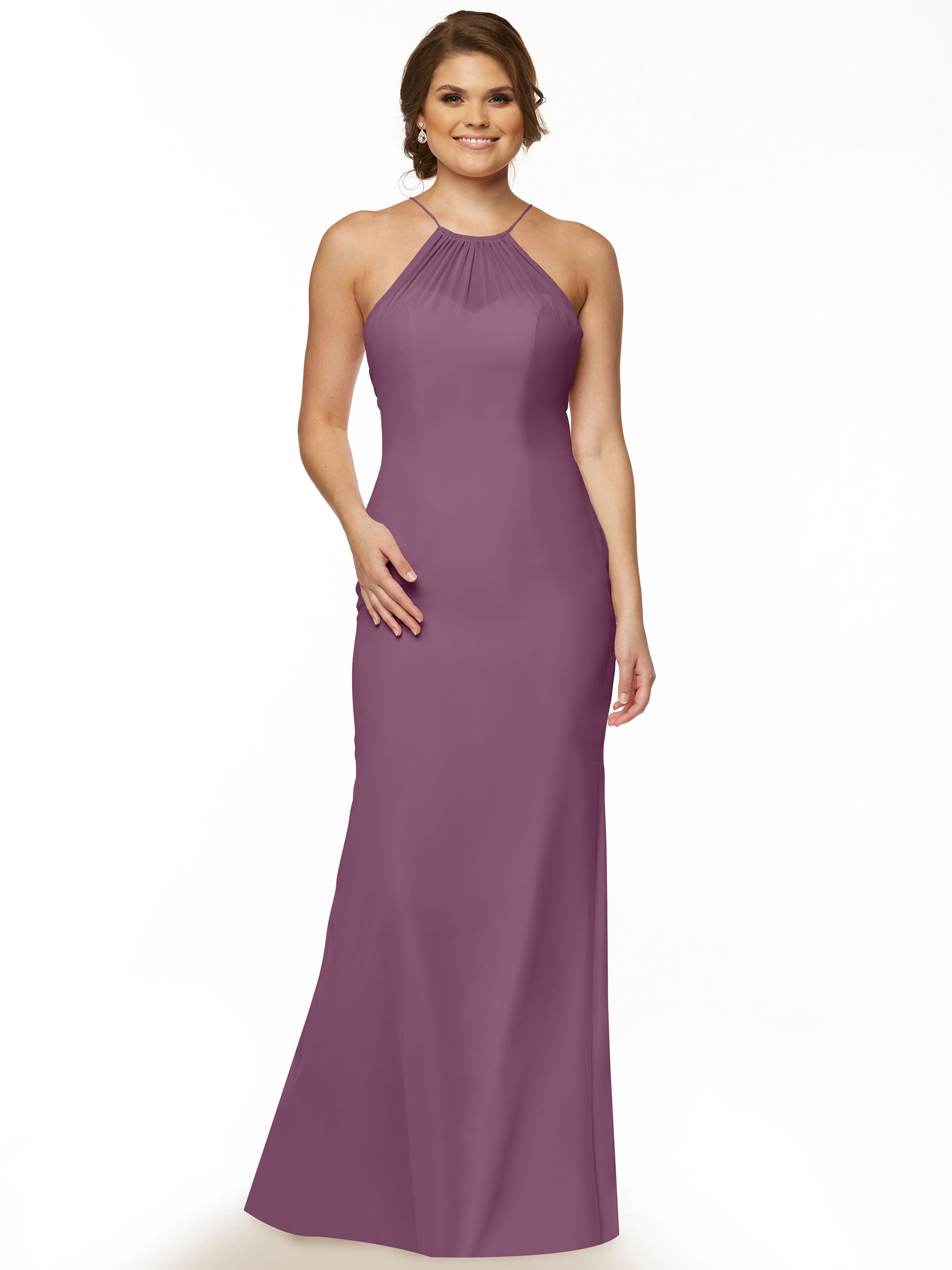 Elegant Fit and Flare Chiffon Bridesmaid Dress with Halter Neckline - Perfect for Weddings, Proms, and Formal Events | Style #80083