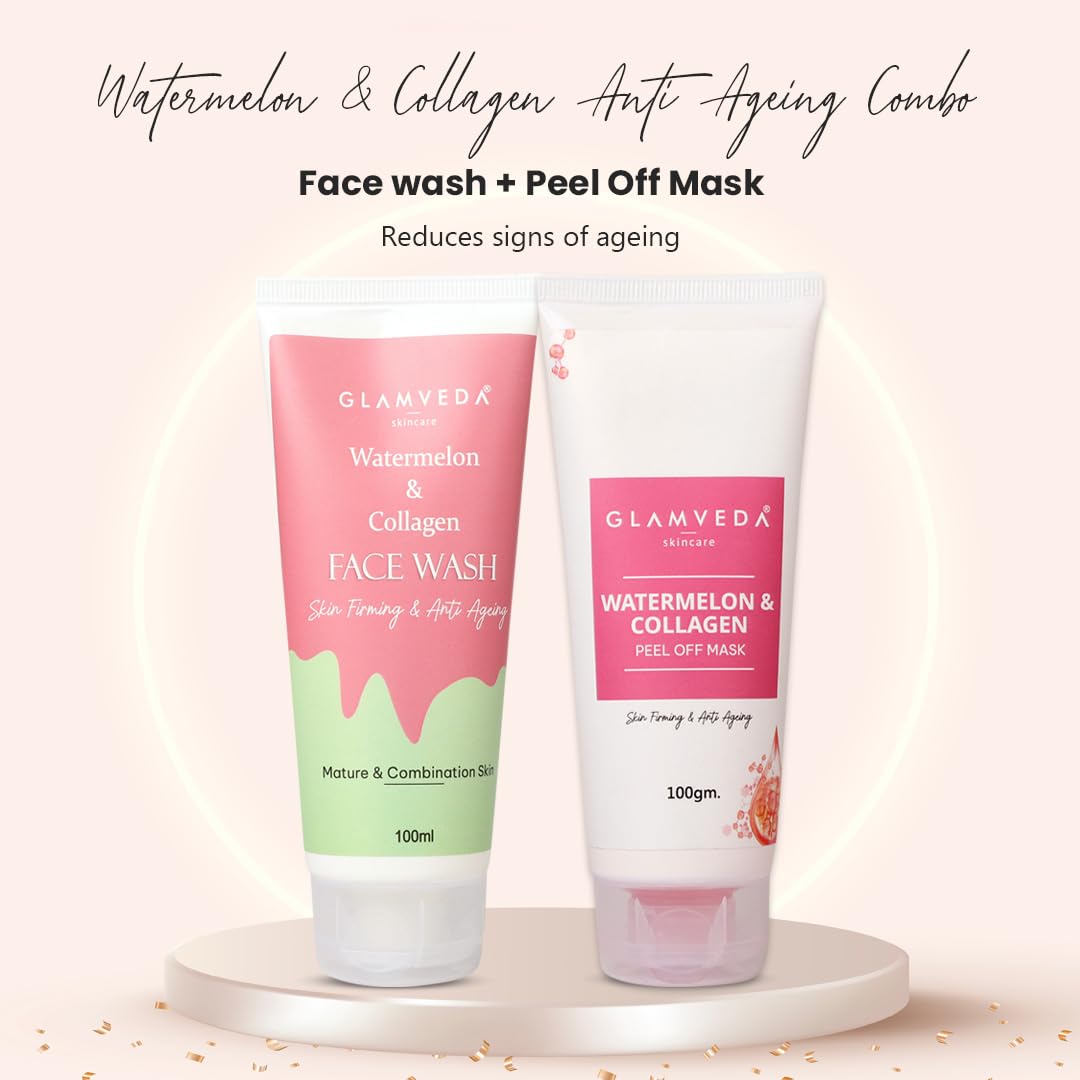 Glamveda Watermelon & Collagen Anti-Aging Face Wash & Peel Off Mask Combo - Reduces Wrinkles, Firms Skin, Brightens Complexion - Perfect for Daily Skincare Routine & Spa Night Self-Care