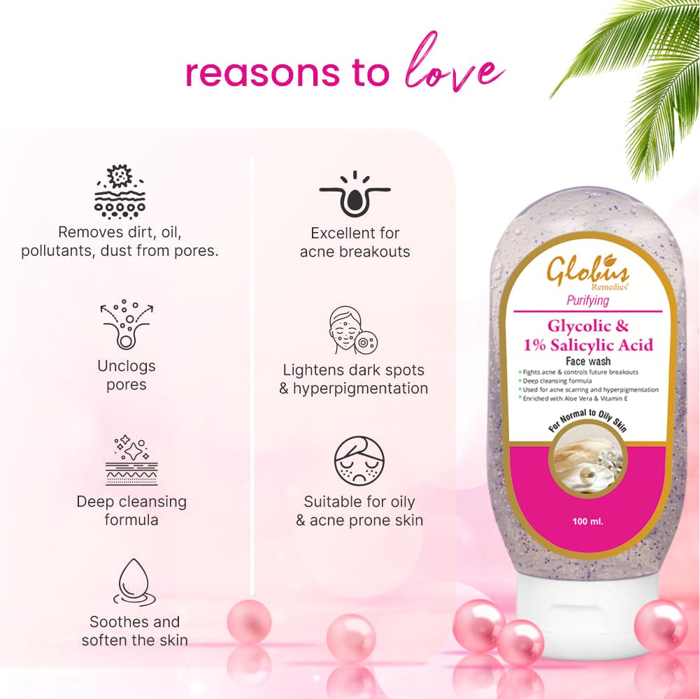 Globus Acne Treatment Face Wash with Glycolic & Salicylic Acid - 100ml (5 Pack) | Deep Cleansing for Oily & Acne-Prone Skin | Daily Skincare Routine for Clear Complexion