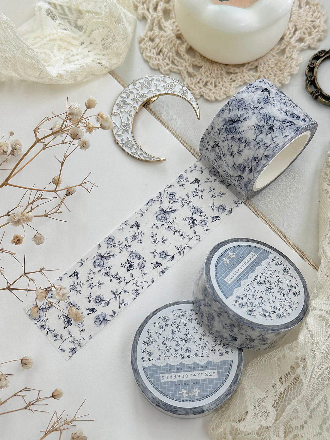 Blue Porcelain Roses Washi Tape 30mm - Decorative Japanese Paper Tape for Scrapbooking, Journaling, Gift Wrapping & DIY Crafts