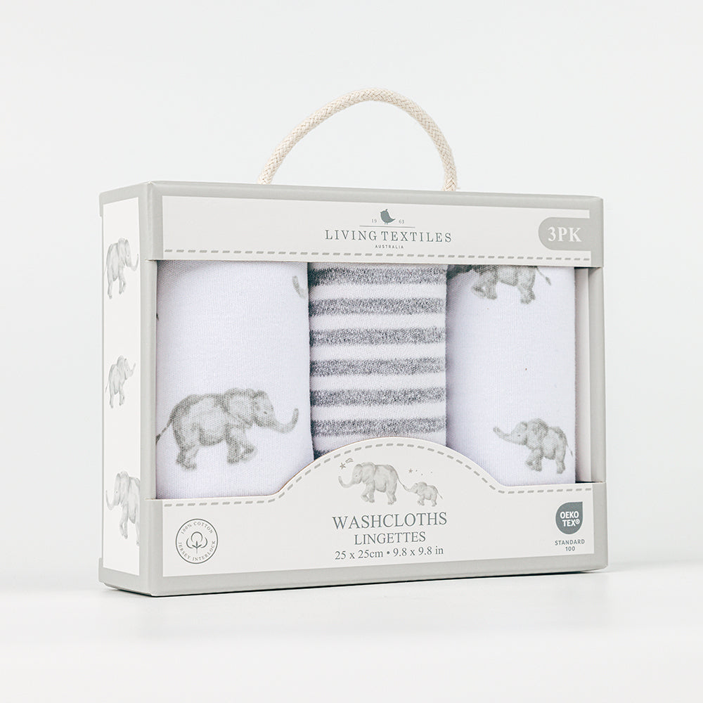 Watercolor Elephant 3-Piece Washcloth Gift Set - Soft Baby Wash Cloths for Newborns, Showers & Nursery Decor