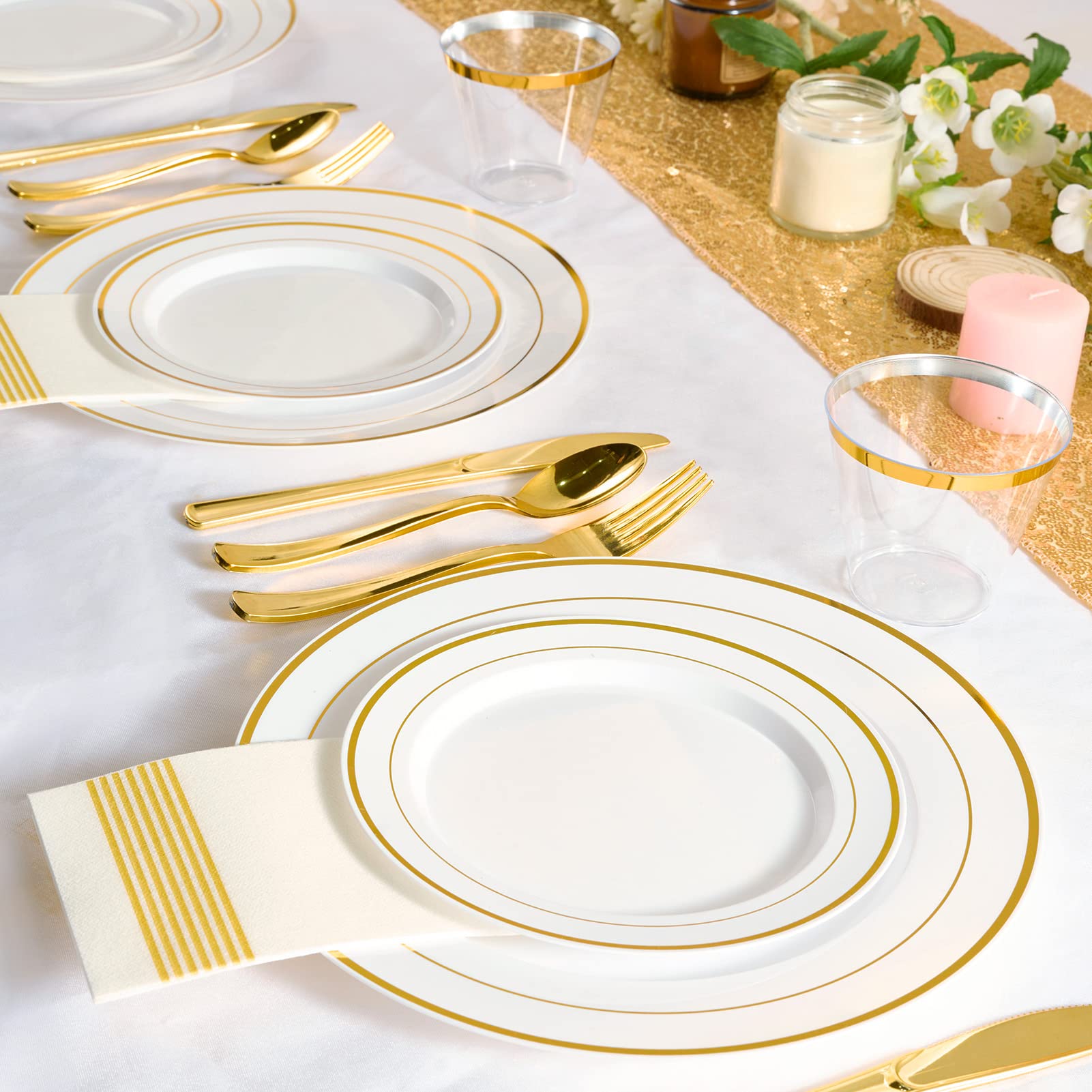 Gold Disposable Dinnerware Set - 600 Ct White Plastic Plates with Gold Rim for Wedding & Party