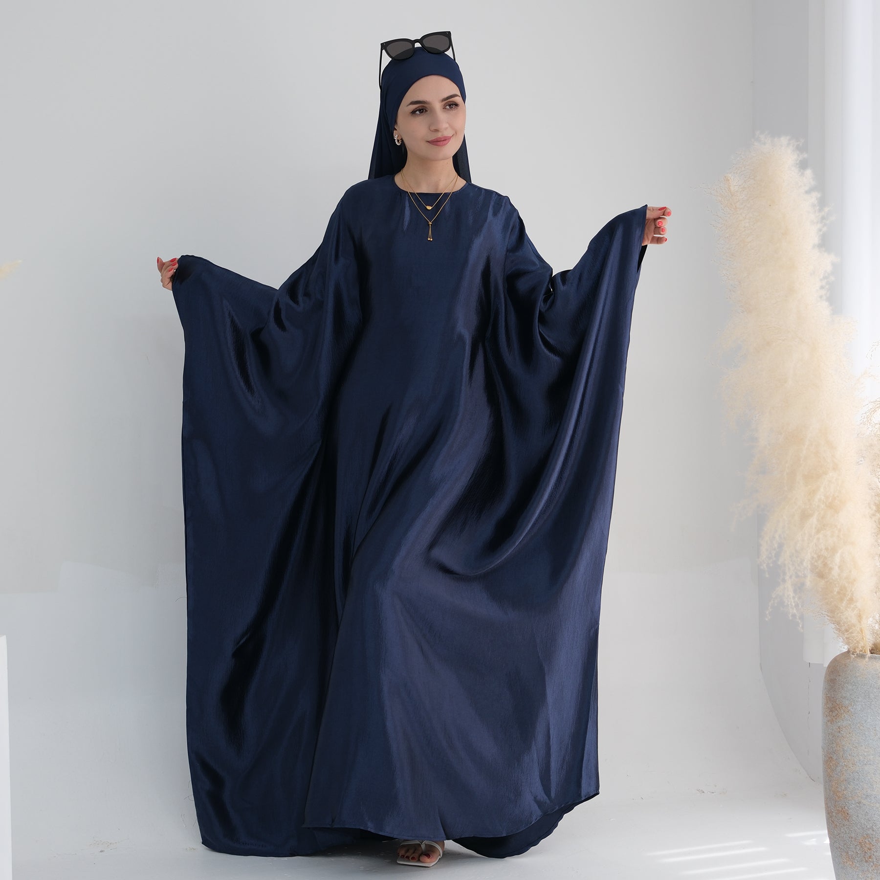 Elegant Navy Blue Alisha Butterfly Satin Abaya - Modest Islamic Dress for Women, Prayer, Special Occasions & Everyday Wear