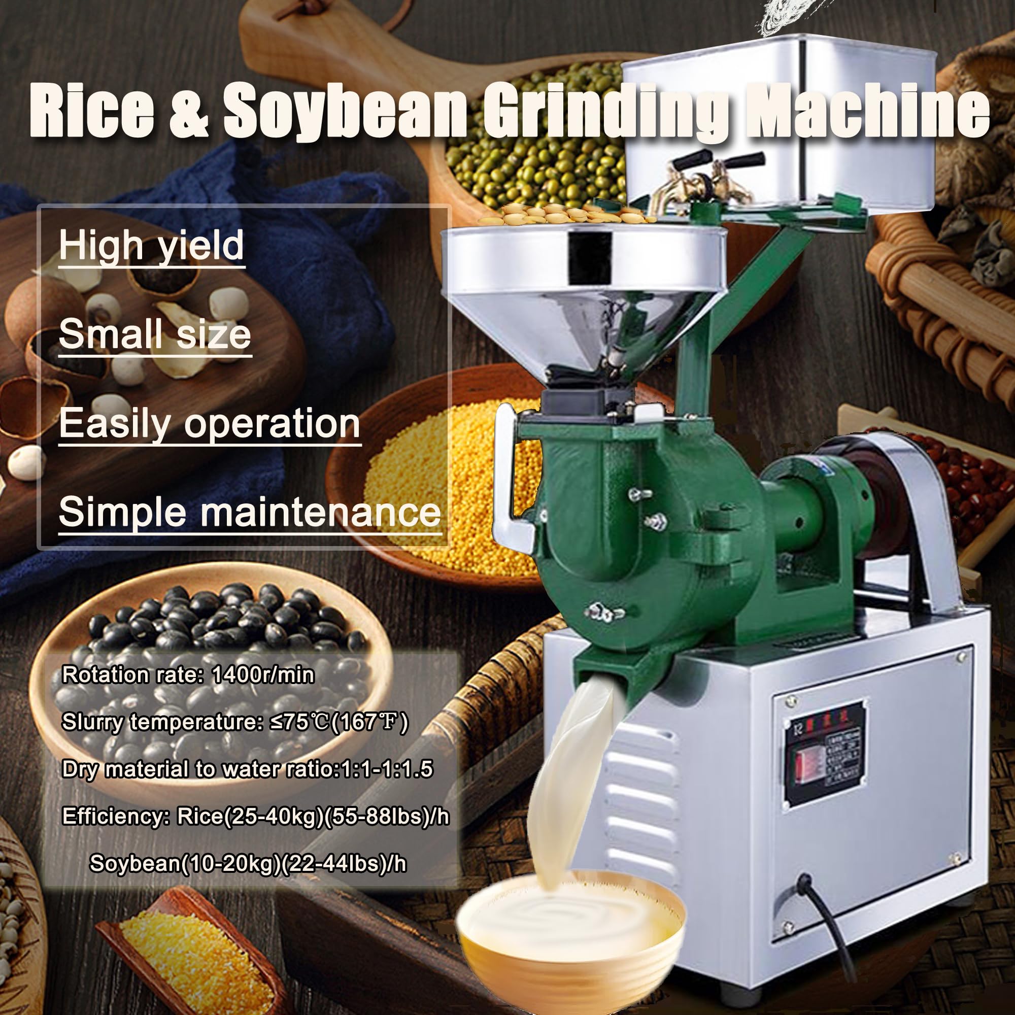 Commercial Electric Grain Grinder Machine for Rice, Soybean, Corn - Wet & Dry Grinding with 2 Wheels - 110V Silver Grain Mill for Cereals, Wheat, Feed Flour - Perfect for Home Kitchens & Small Businesses
