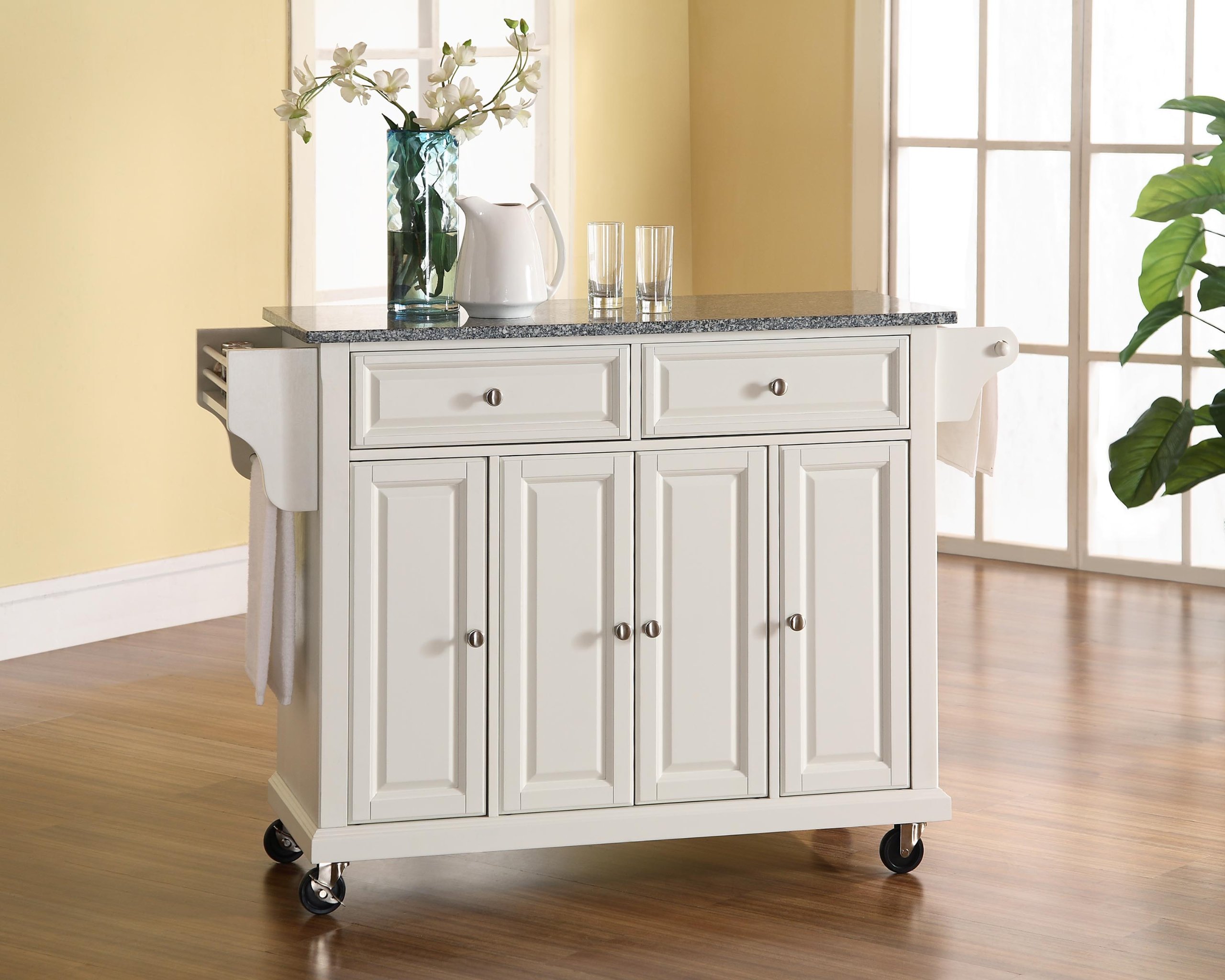 Crosley White Granite Top Rolling Kitchen Island Cart with Storage - Microwave Stand, Spice Rack - Perfect for Small Kitchens, Pantry Organization & Food Prep Station