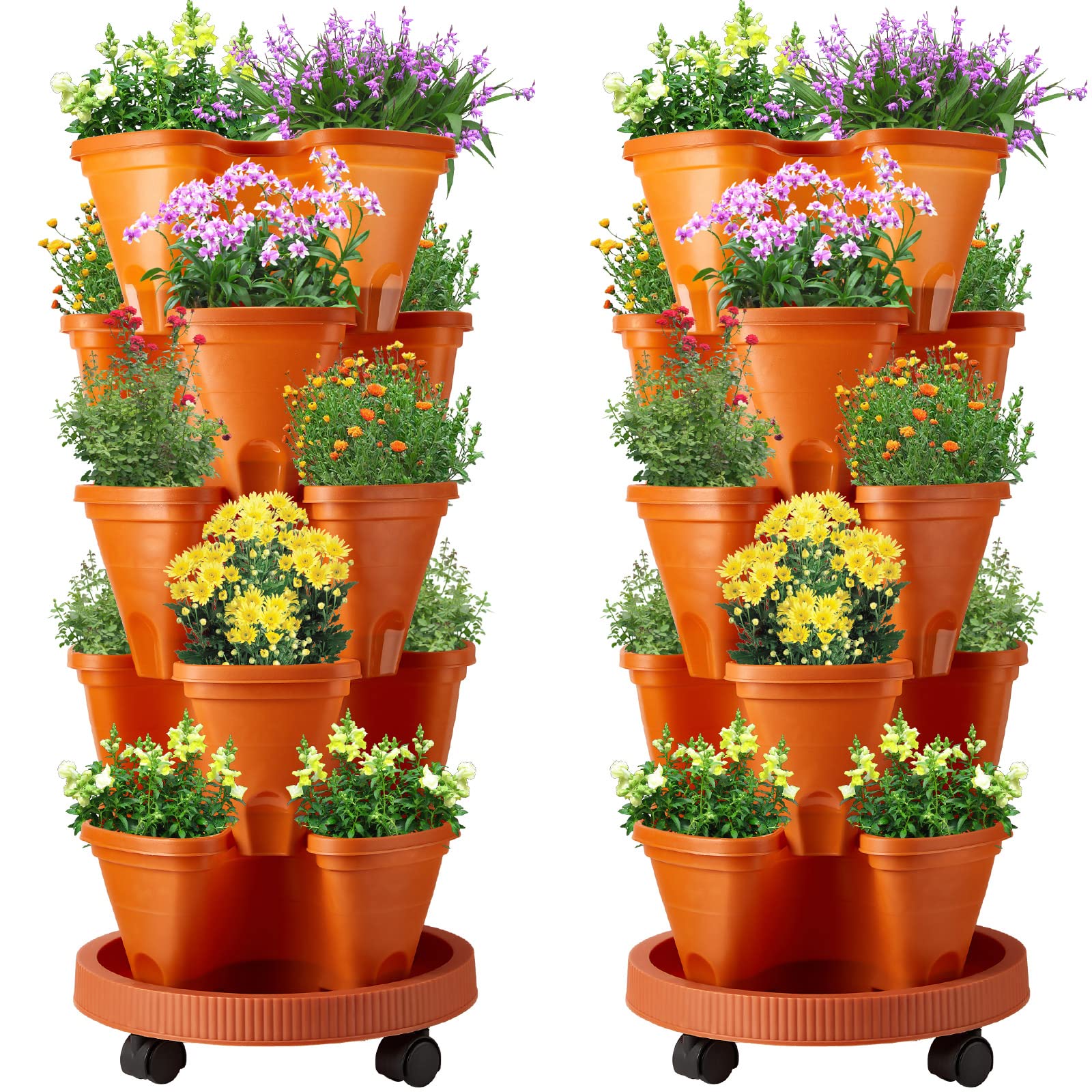 Umigy 2-Pack 5-Tier Stackable Vertical Garden Planters for Strawberries, Herbs, Flowers & Vegetables - Indoor/Outdoor Gardening Pots with Removable Wheels & Drainage Holes (Terracotta) - Perfect for Balcony, Patio, Small Space Gardening & Urban Farming