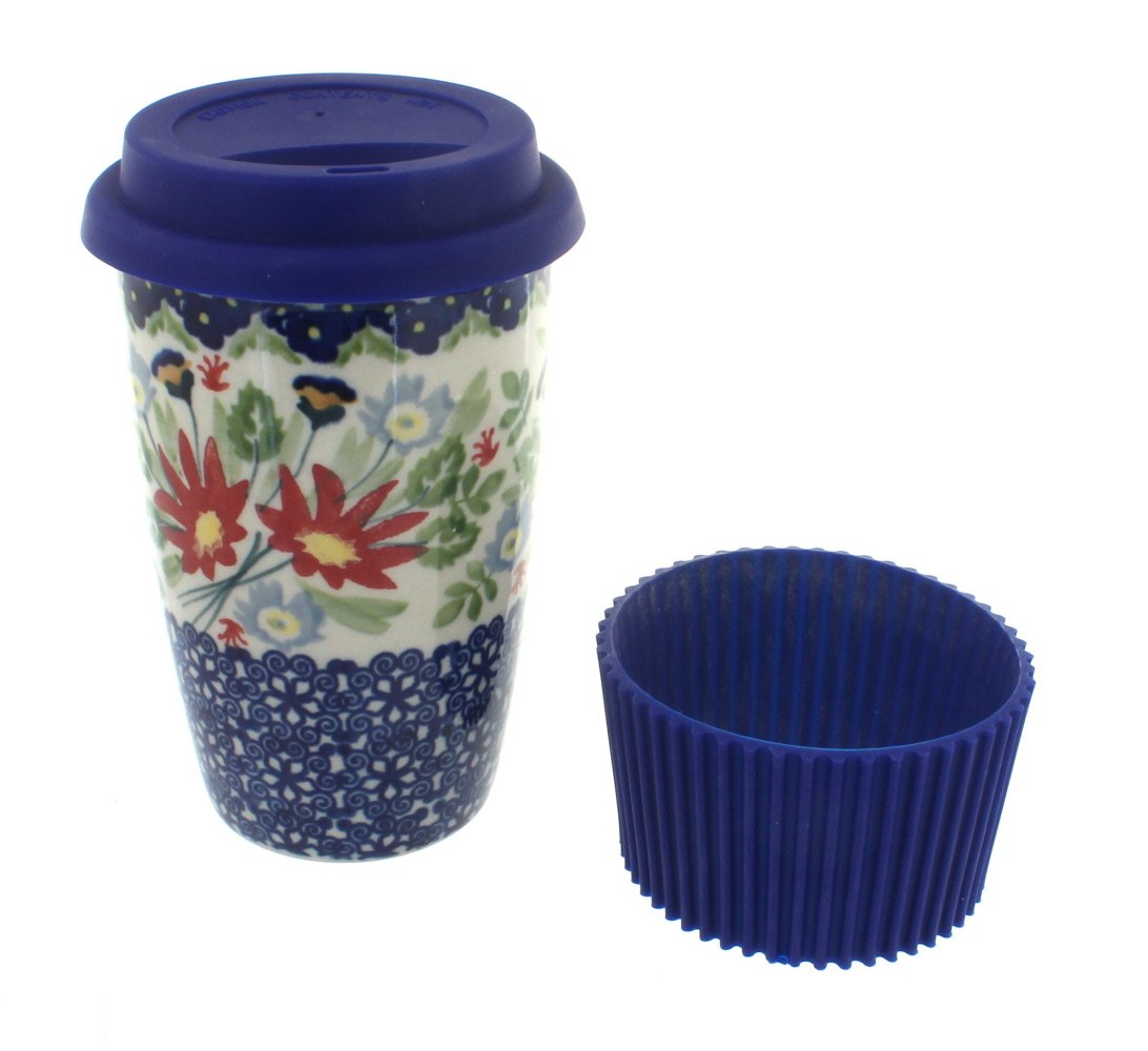 Blue Rose Polish Pottery Jungle Bouquet Travel Coffee Mug - Handmade Ceramic Cup for Coffee, Tea & Hot Drinks - Perfect for Camping, Office & Home Use