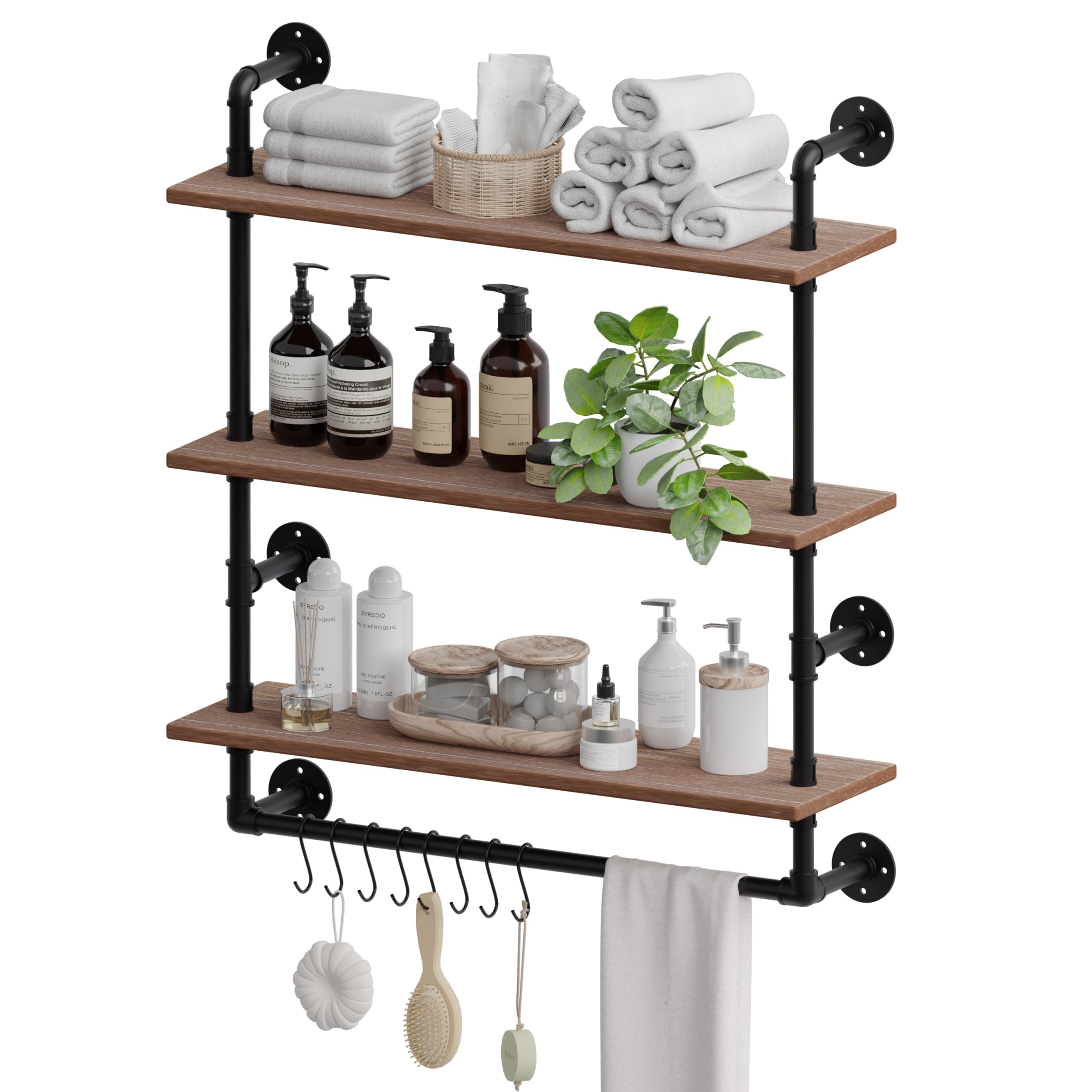 ROGMARS 24 Inch Industrial Pipe Shelving - Rustic Floating Wall Shelf with Towel Bar & Hooks, 3-Tier Bathroom Storage Shelf for Towels, Decor & Organizing | Perfect for Small Spaces, Laundry Rooms & Farmhouse Style Homes