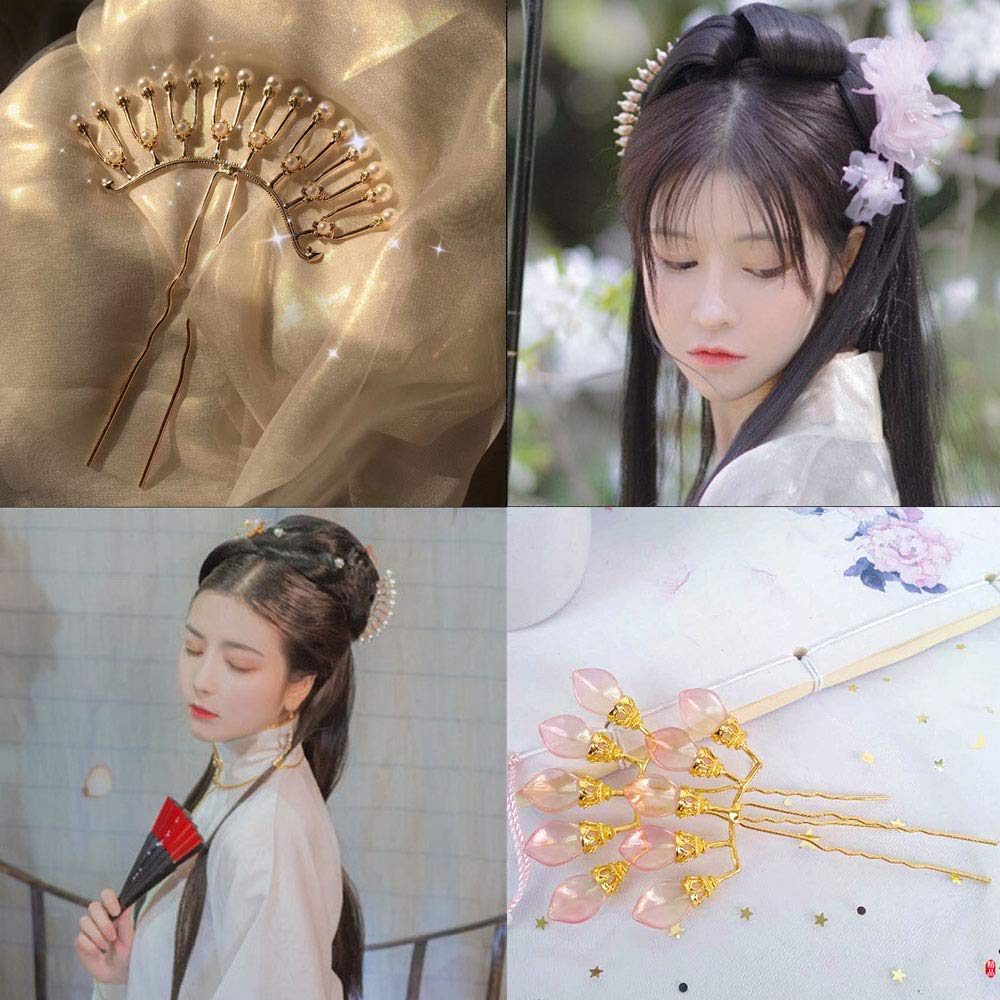 Vintage Chinese Hanfu Hair Sticks - Elegant Alloy Bridal Hair Forks with Pearl Rows, Gold 9-Row & White | Perfect for Weddings, Cosplay, and Traditional Chinese Costume Styling