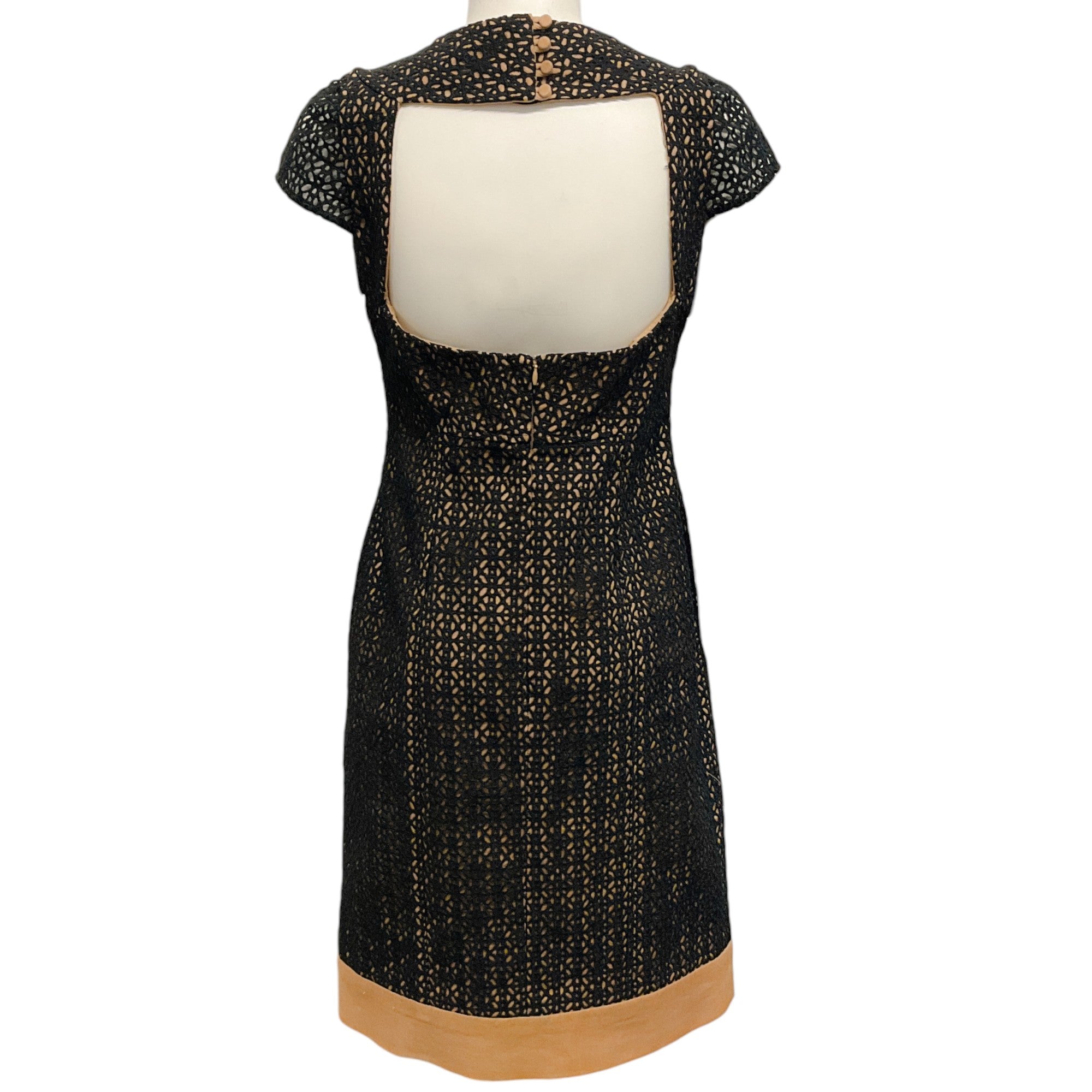 Lela Rose Black Cotton Eyelet Dress with Tan Linen Underlay - Elegant Summer Dress for Weddings, Parties & Special Occasions