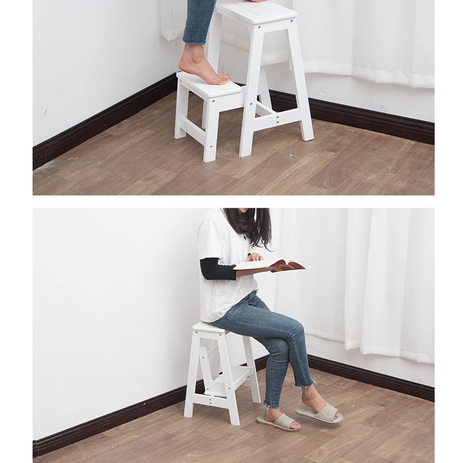 2-Tier Folding Step Stool - Portable Wooden Stair Chair & Shoe Bench for Home, Kitchen, Bathroom - White Multi-Functional Shelf for Decor, Library & Plant Display