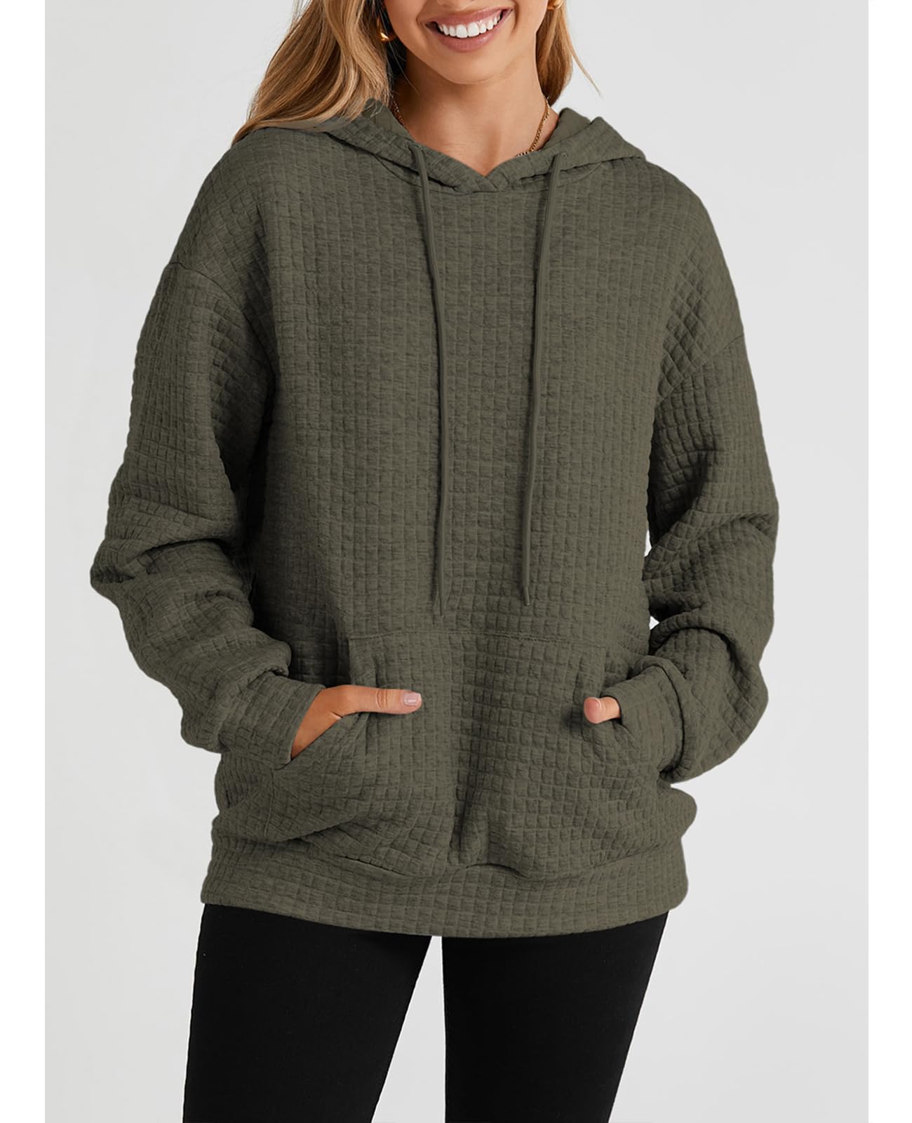 SELINK Women's Casual Pullover Hoodie - Soft Waffle Knit Long Sleeve Drawstring Hooded Sweatshirt with Kangaroo Pocket | Perfect for Lounge Wear, Outdoor Activities & Fall Fashion