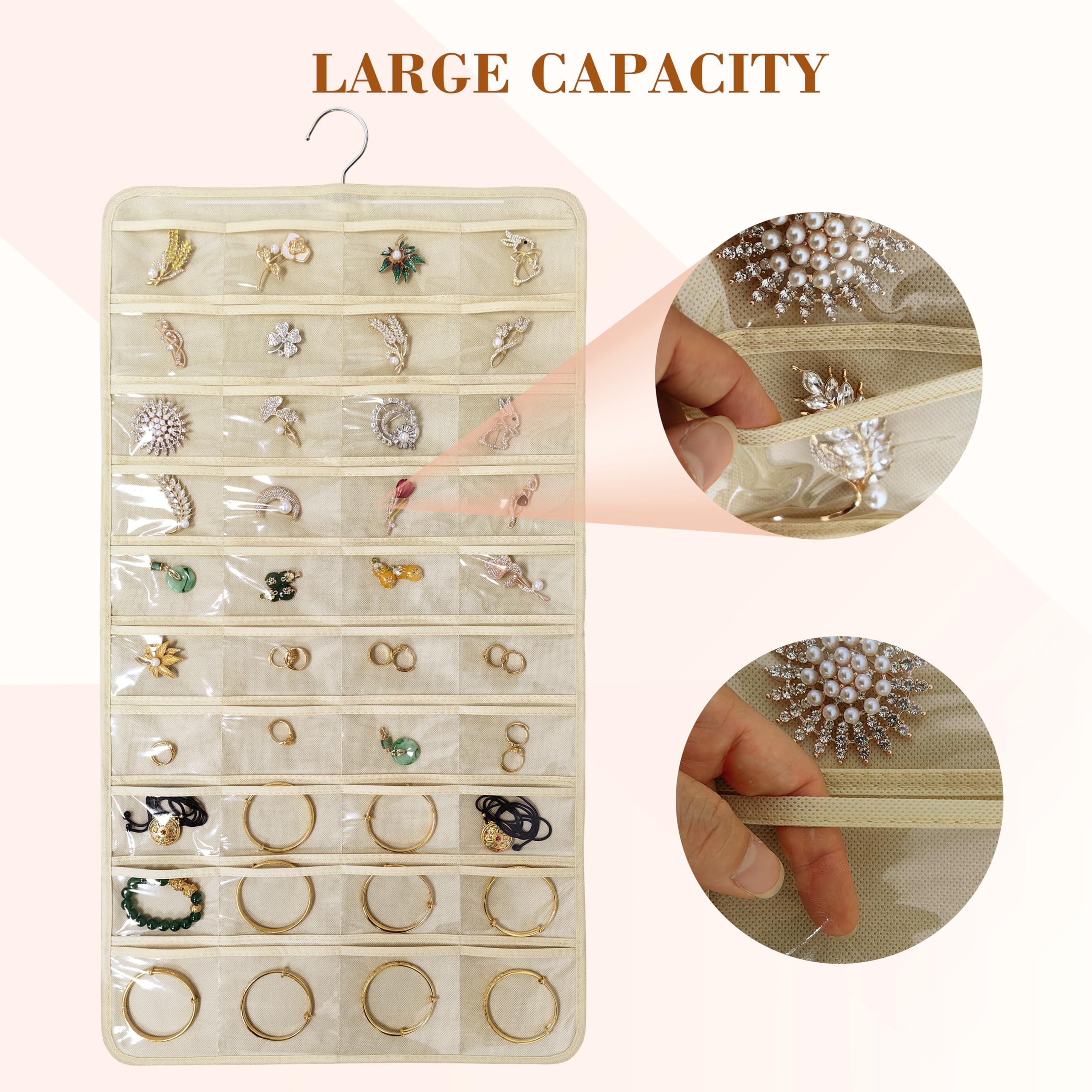2 Pack (160 Pockets Total) Double-Sided Hanging Jewelry Organizer with Metal Hooks - Wall/Door/Closet Storage for Earrings, Necklaces, Rings - Space Saving Beige Jewelry Holder (2 Pcs) - Perfect for Bedroom, Bathroom & Travel Organization