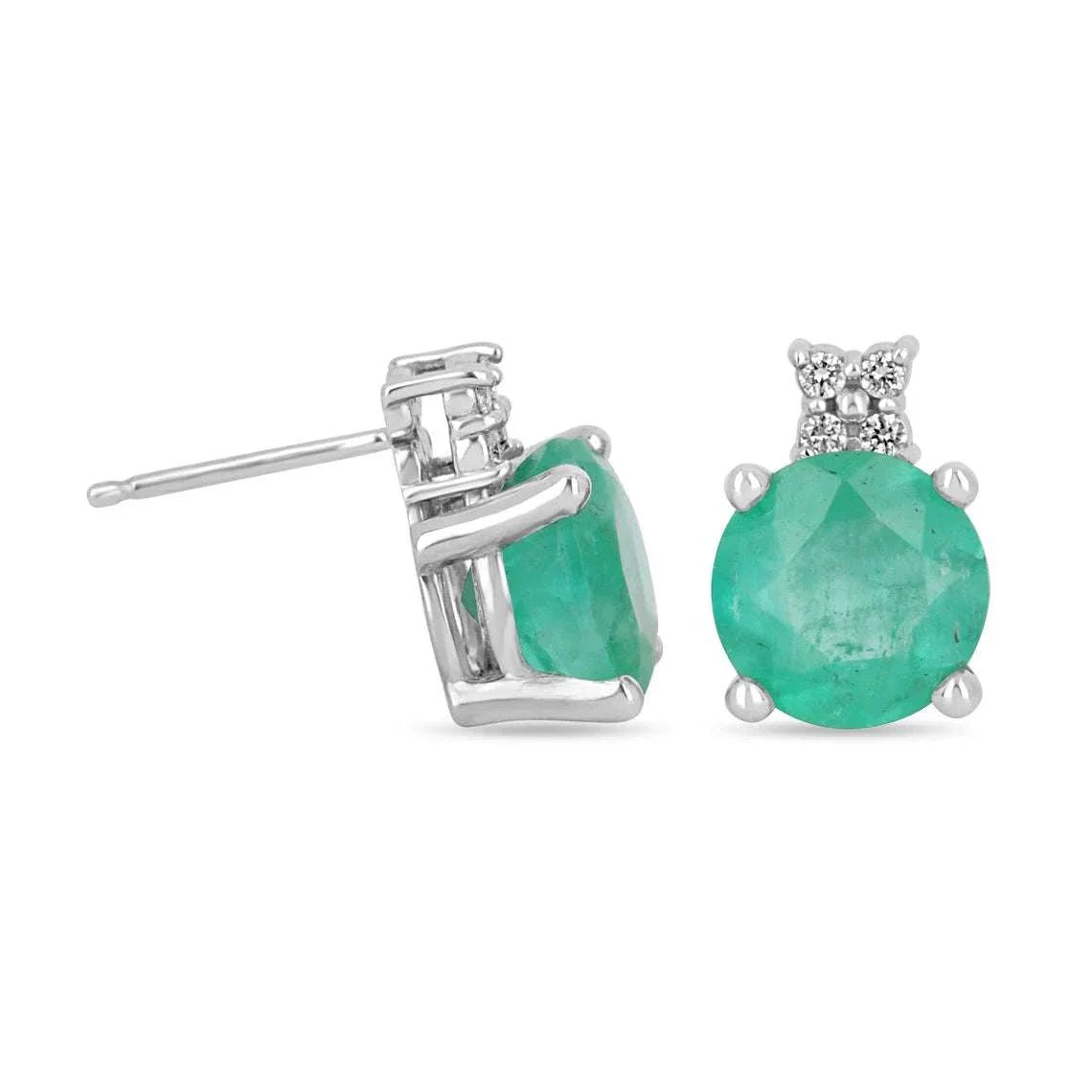 4.32tcw Round Cut Rich Blue-Green Colombian Emerald & 3 Diamond Accent 14K Gold Stackable Stud Earrings - Perfect for Weddings, Parties & Everyday Elegance