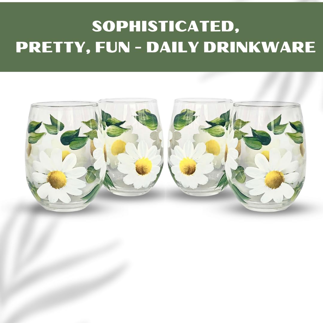 Handpainted Daisy Stemless Wine Glasses Set of 4 - 15oz Floral Glassware for Women, Birthday Gifts for Her, Best Friend Gift Idea - Perfect for Wine Tasting, Bridal Showers, and Home Decor