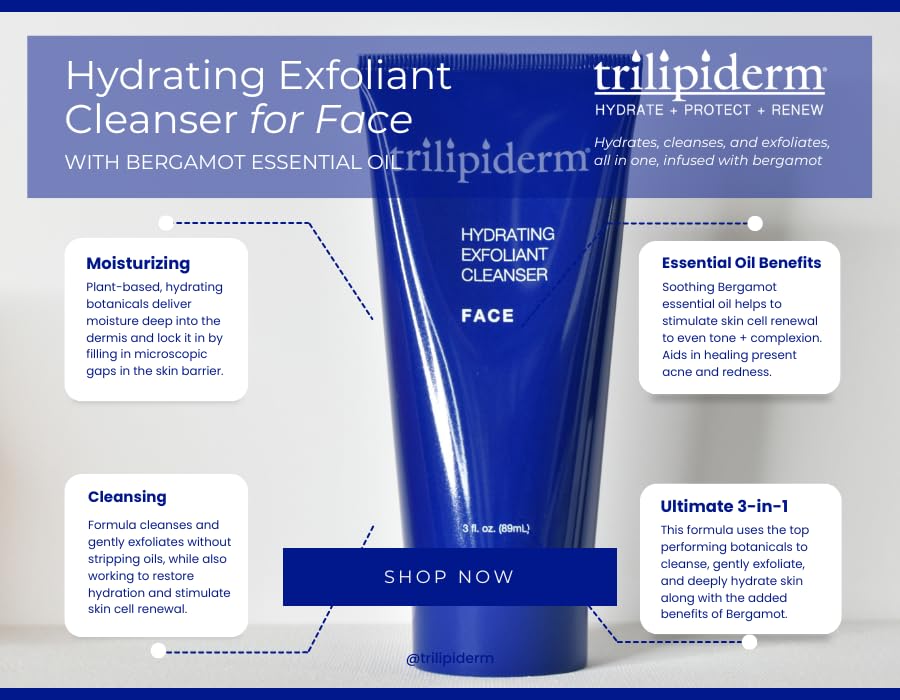 Trilipiderm Essential 3-Step Face Care Bundle – Hydrating Exfoliating Cleanser, Protective Day Cream & Replenishing Night Cream – Complete Skincare Set for Dry & Sensitive Skin | Morning & Night Routine for Hydration & Renewal