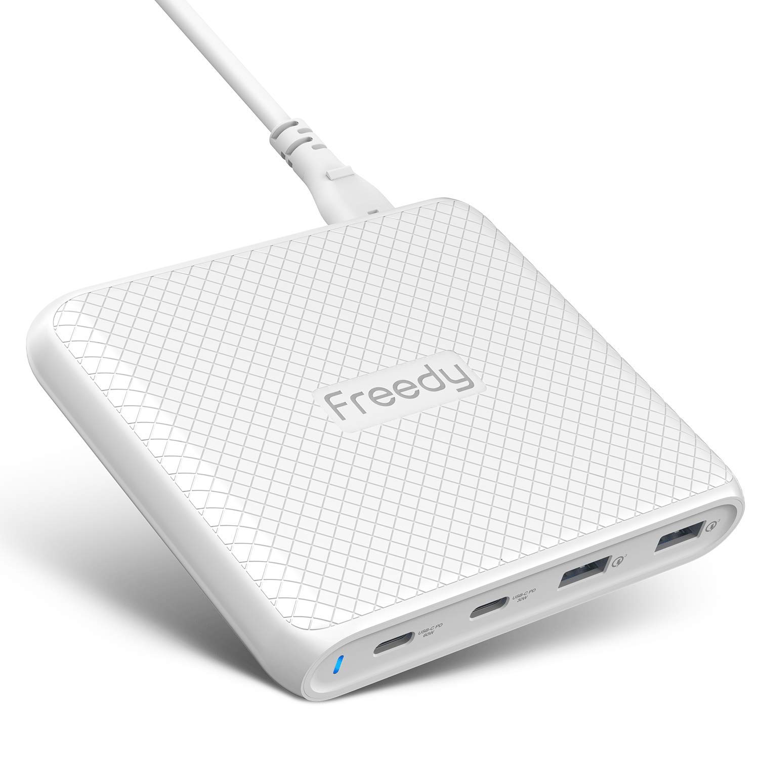 Freedy 90W USB-C Travel Charger - Fast Charging Power Adapter with 2 USB-C PD & 2 QC 3.0 Ports | USB-IF Certified | Compatible with MacBook Pro, iPad Pro, iPhone 14/15 Series, Samsung Galaxy | Compact Portable Charging Station for Travel, Office & Home Use (White)