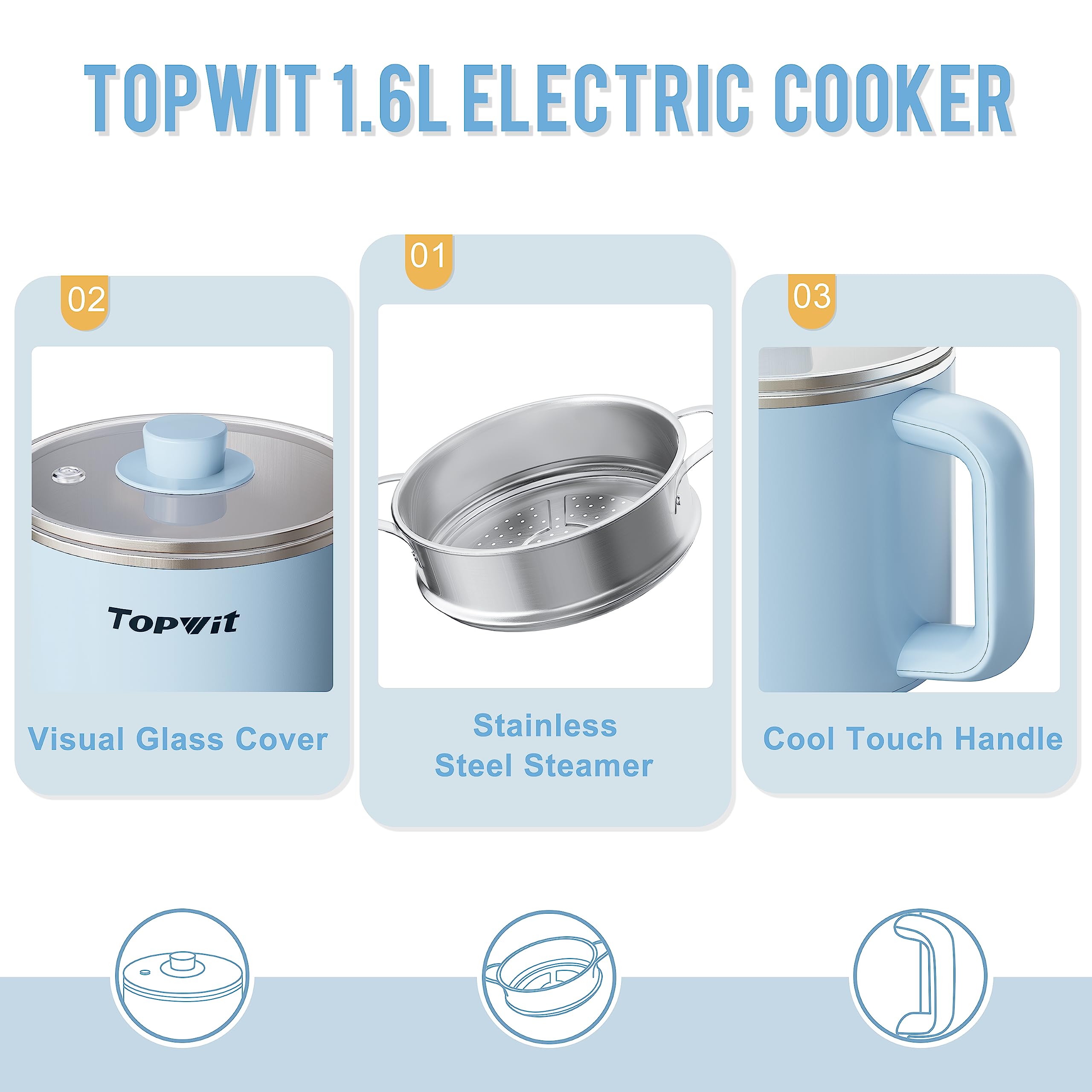 Topwit 1.6L Electric Hot Pot with Steamer - Multi-Functional Ramen Cooker for Pasta, Shabu-Shabu, Oatmeal, Soup & Eggs - Dual Power Control Portable Cooker - Perfect for Dorm Rooms, Office & Small Kitchens (Blue)