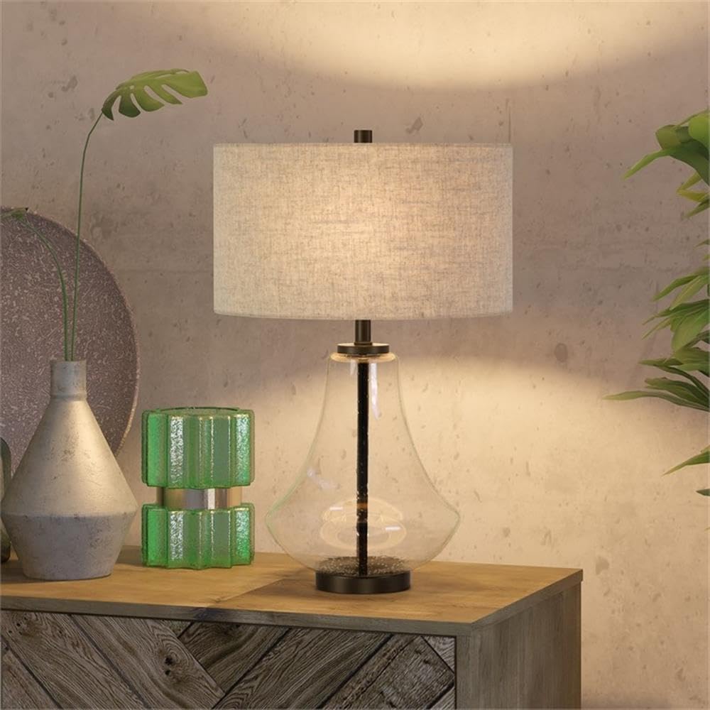 Pemberly Row Modern Farmhouse Brushed Brass Table Lamp with Seeded Glass Shade - Elegant Lighting for Living Room, Bedroom & Office Decor