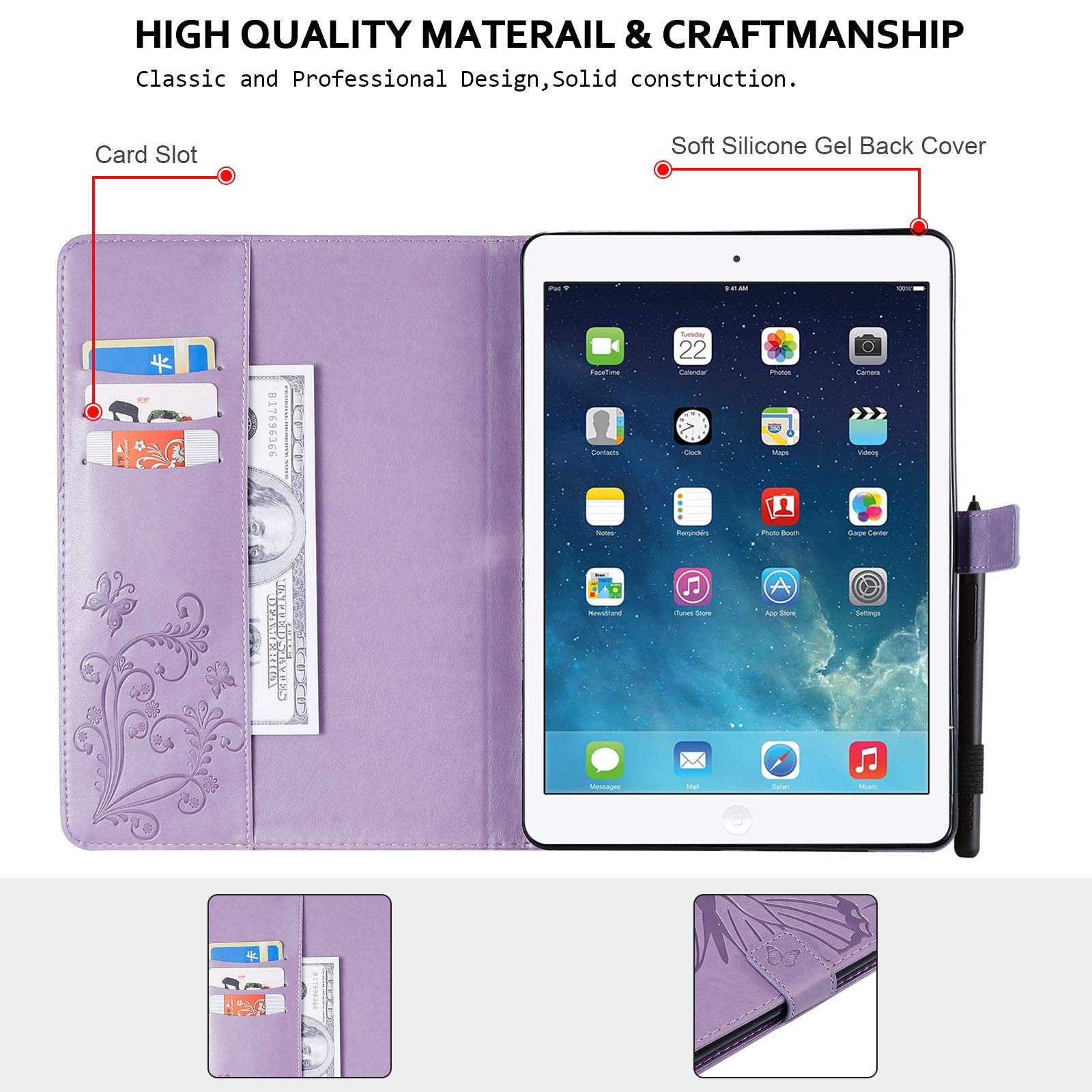 Techcircle Magnetic Leather Folio Case for iPad 10.2 (9th/8th/7th Gen) & iPad Air 10.5 - Purple Butterfly Embossed Wallet Stand Cover with Auto Sleep/Wake | Perfect for Work, Travel & Home Use
