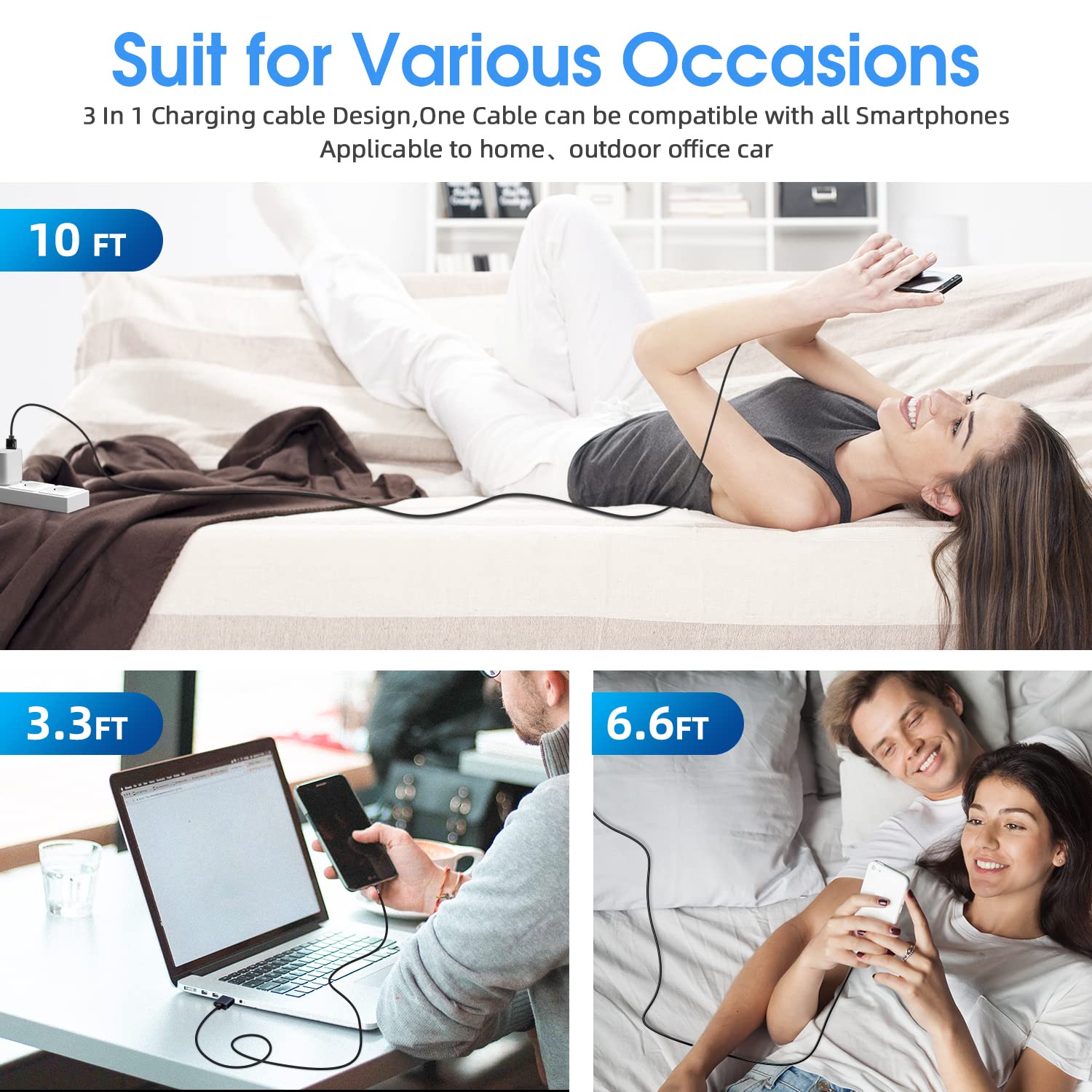 Premium Magnetic Charging Cable 6-Pack [3ft/6ft/10ft] - 540° Rotating 3-in-1 Fast Charger with Nylon Braiding for iPhone, Android, Type-C & Micro USB Devices - Perfect for Home, Office & Travel Charging