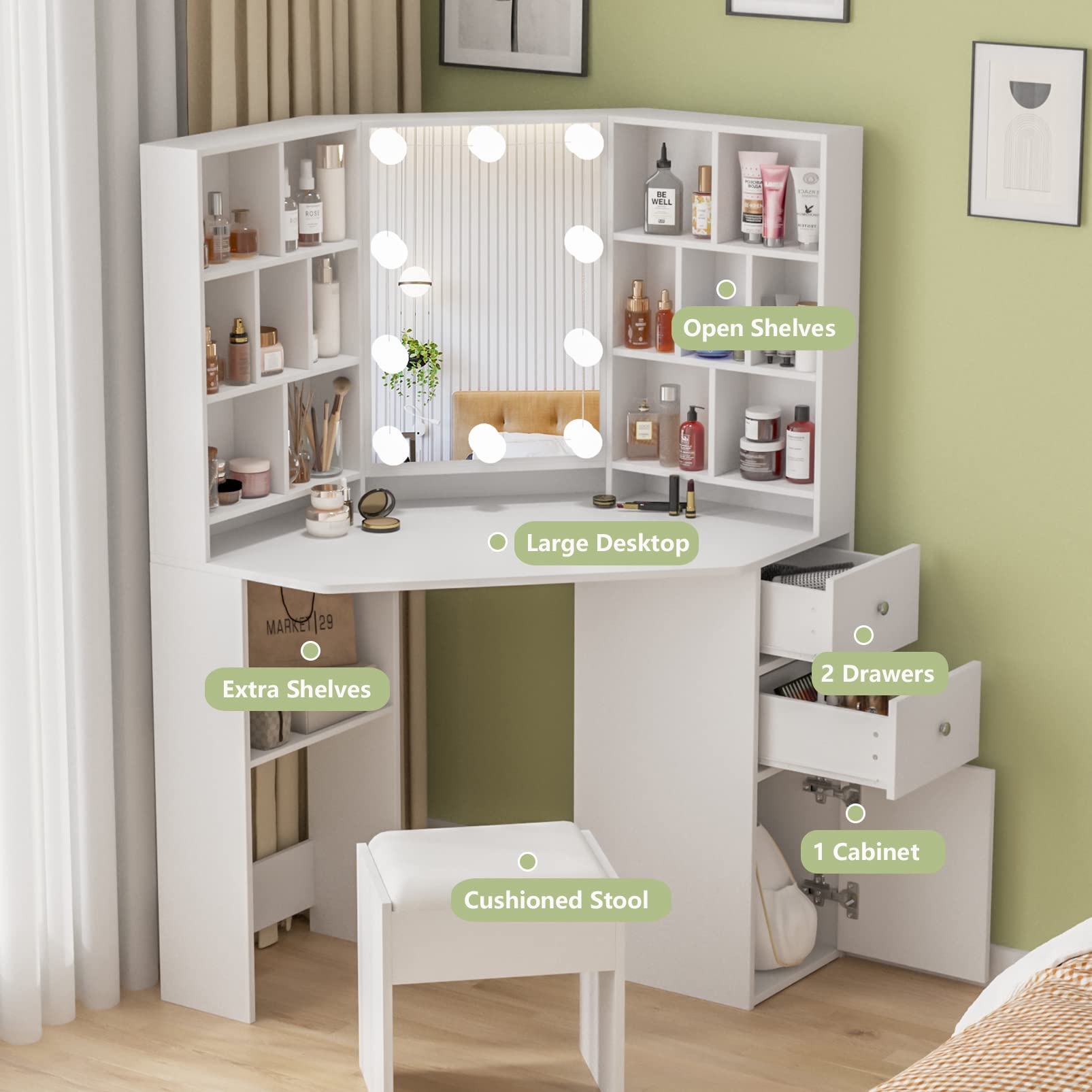 Fameill White Corner Makeup Vanity Desk with LED Lighted Mirror - 46 Inch Dressing Table with 3 Adjustable Lighting Modes & Ample Storage for Bedroom - Perfect for Makeup Application, Skincare Routine, and Home Decor